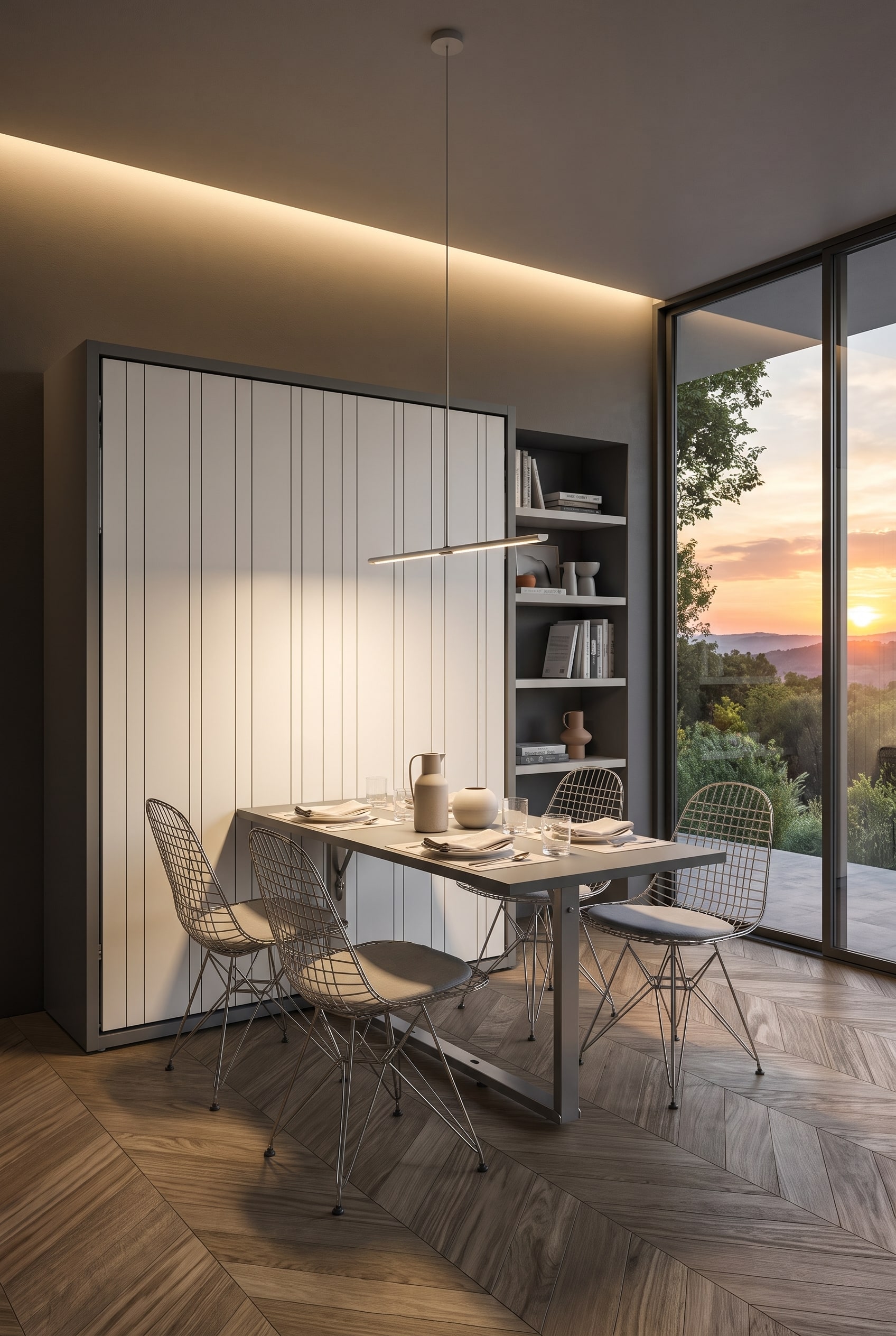 Salle à manger moderne avec un grand module de lit escamotable au mur, intégrant une table à manger en façade, flanquée de chaises cantilever légères