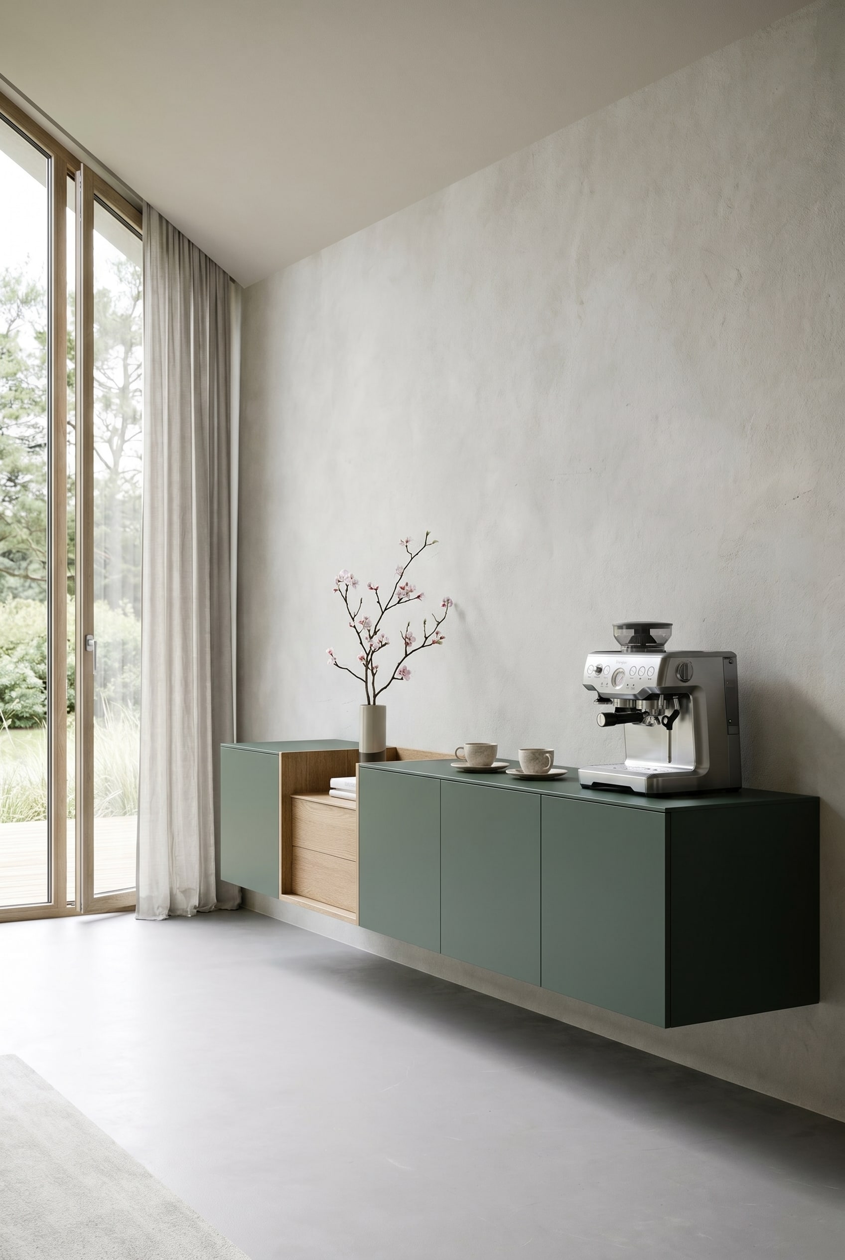 Buffet mural suspendu Novamobili Box 18 en vert sauge, d&eacute;cor&eacute; de mani&egrave;re minimaliste avec une &eacute;l&eacute;gante machine &agrave; caf&eacute; et de fines tasses pour un brunch printanier raffin&eacute;.