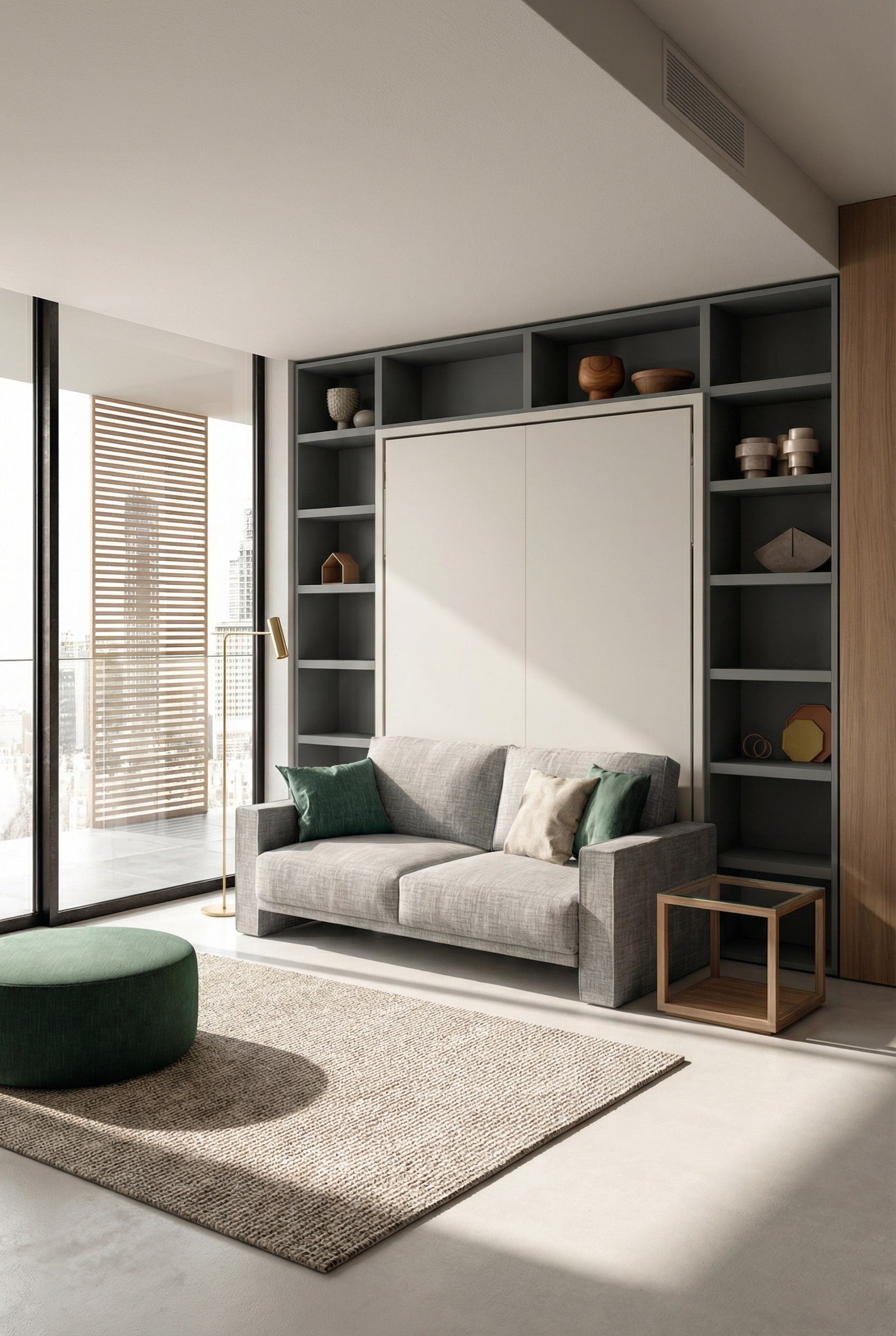 Lit escamotable élégant avec canapé intégré dans un studio meublé de façon moderne Lit escamotable élégant avec canapé intégré dans un studio meublé de façon moderne