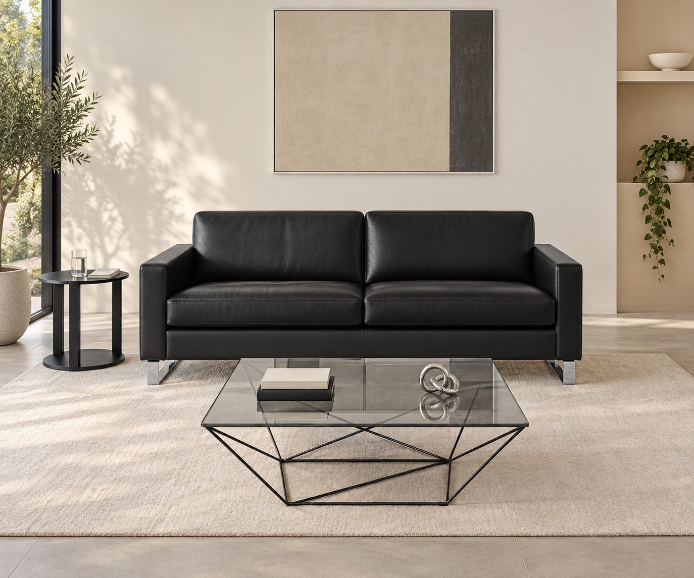 Livitalia Canapé Vinaro, 206 × 91 cm, Seminole 04 Noir, cuir véritable, piètement chromé – Vue de face avec table basse Livitalia Canapé Vinaro, 206 × 91 cm, Seminole 04 Noir, cuir véritable, piètement chromé – Vue de face avec table basse