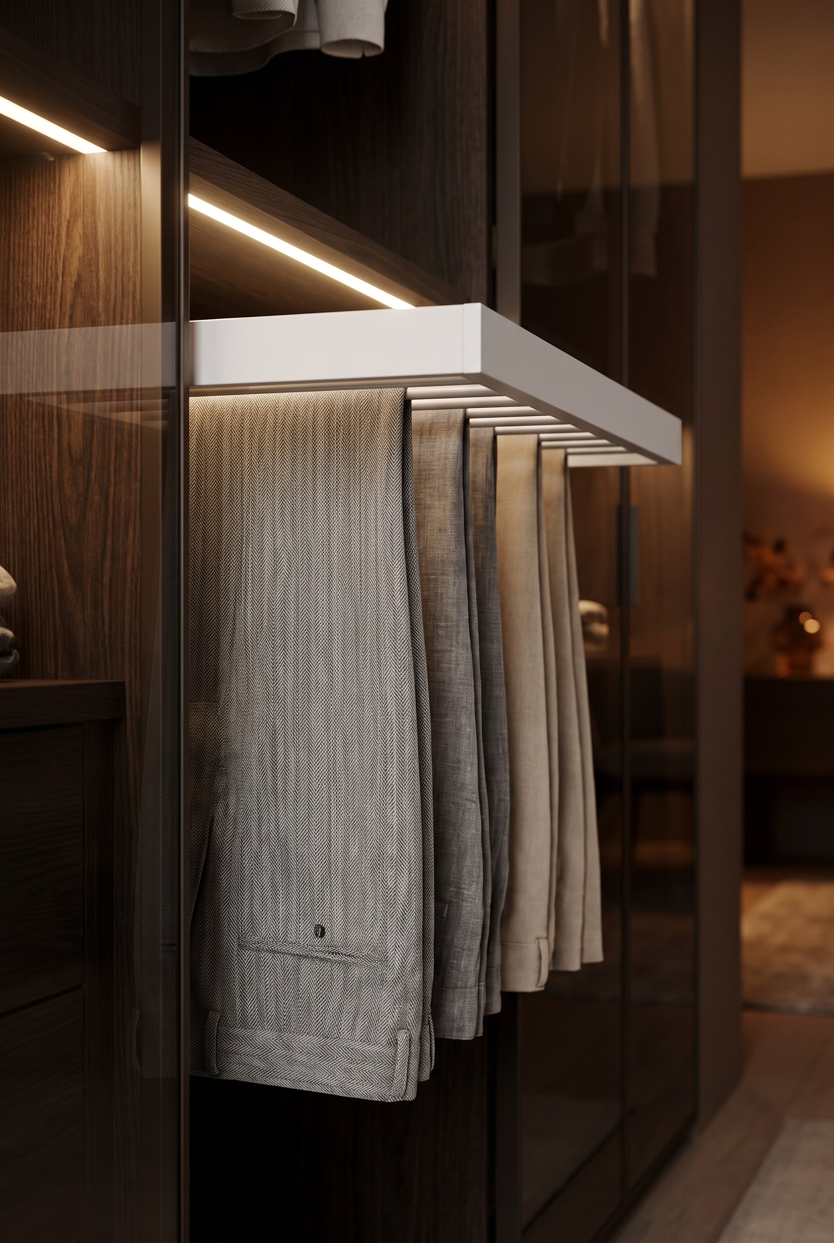 Détail d'un porte-pantalons coulissant en métal foncé dans un dressing de luxe éclairé