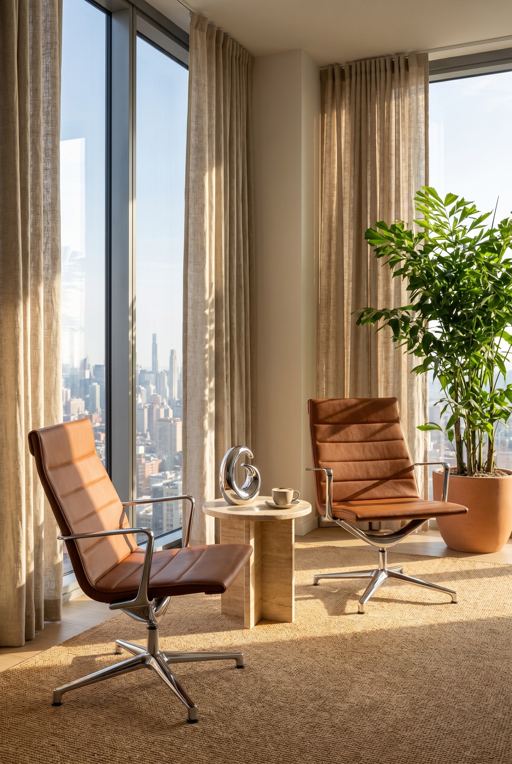 Fauteuil de bureau lounge couleur cognac dans un coin ensoleill&eacute; avec une grande fen&ecirc;tre et des rideaux en lin textur&eacute;