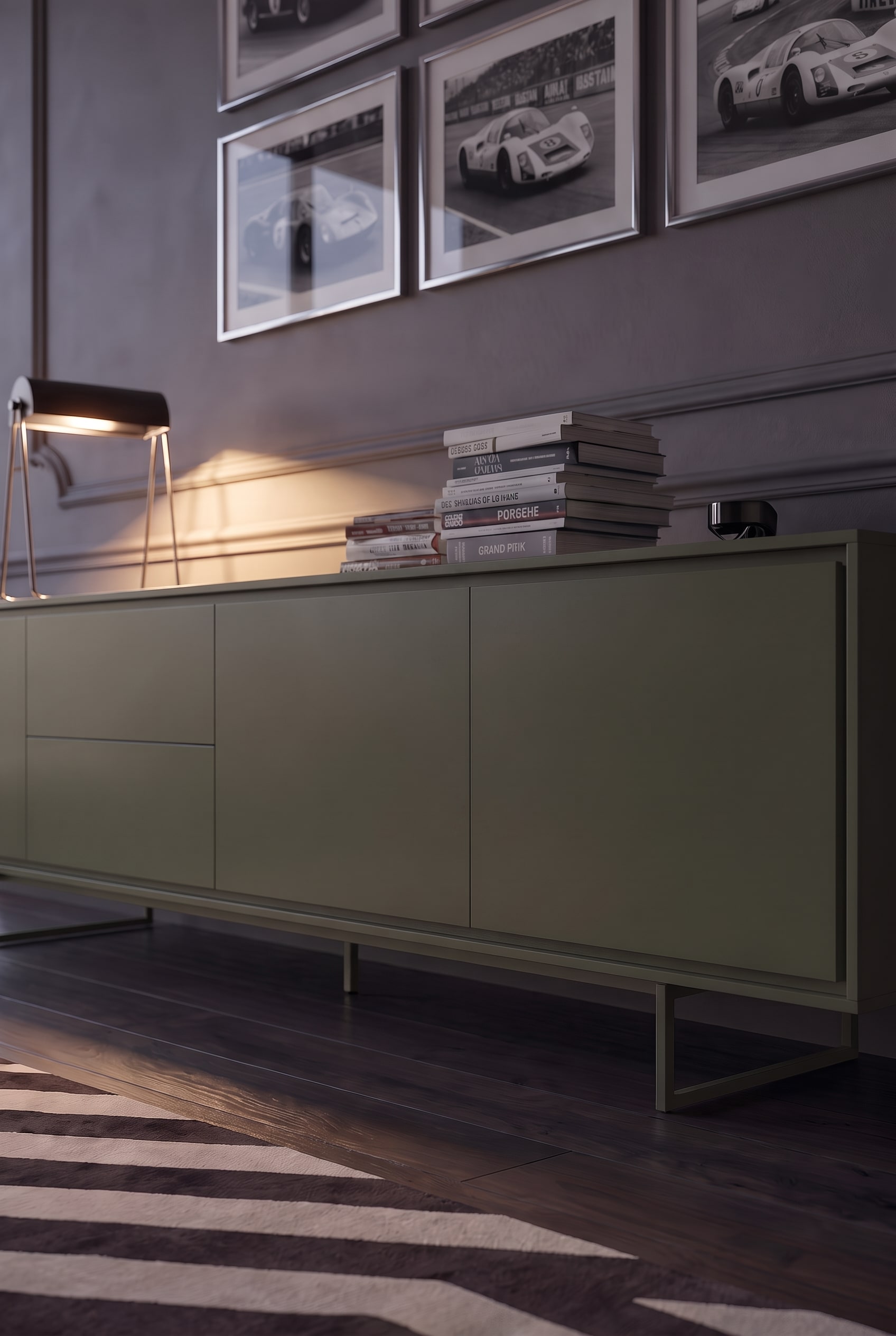 Fa&ccedil;ade lisse et sans poign&eacute;e d'un sideboard vert olive avec de fines fentes d'ombre sous une douce lumi&egrave;re rasante.