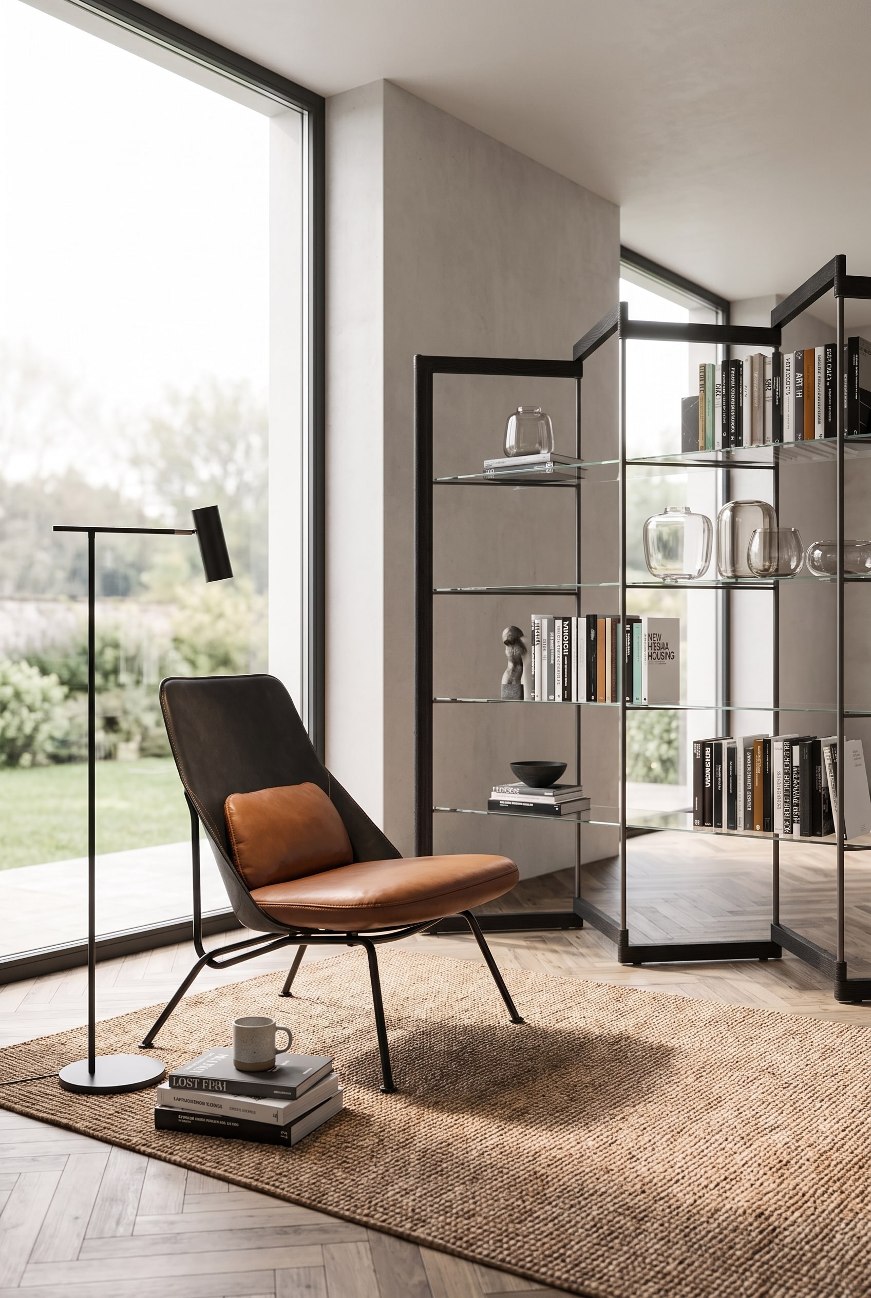 Coin lecture baign&eacute; de lumi&egrave;re pr&egrave;s de la fen&ecirc;tre avec un fauteuil confortable et une &eacute;tag&egrave;re en verre transparente comme s&eacute;parateur de pi&egrave;ce