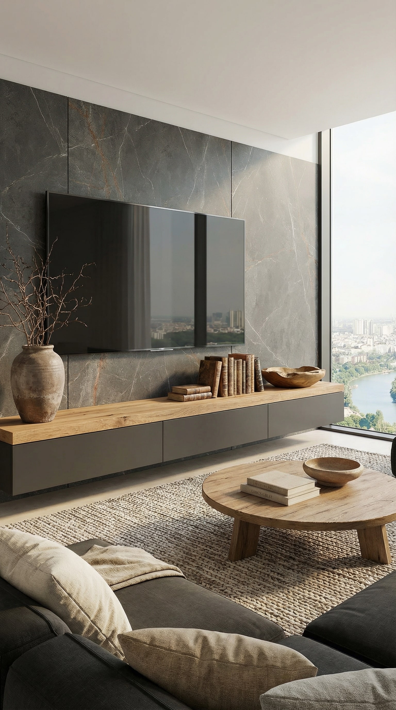 Massief houten lowboard met dikke afdekplaat in moderne woonkamer Massief houten lowboard met dikke afdekplaat in moderne woonkamer