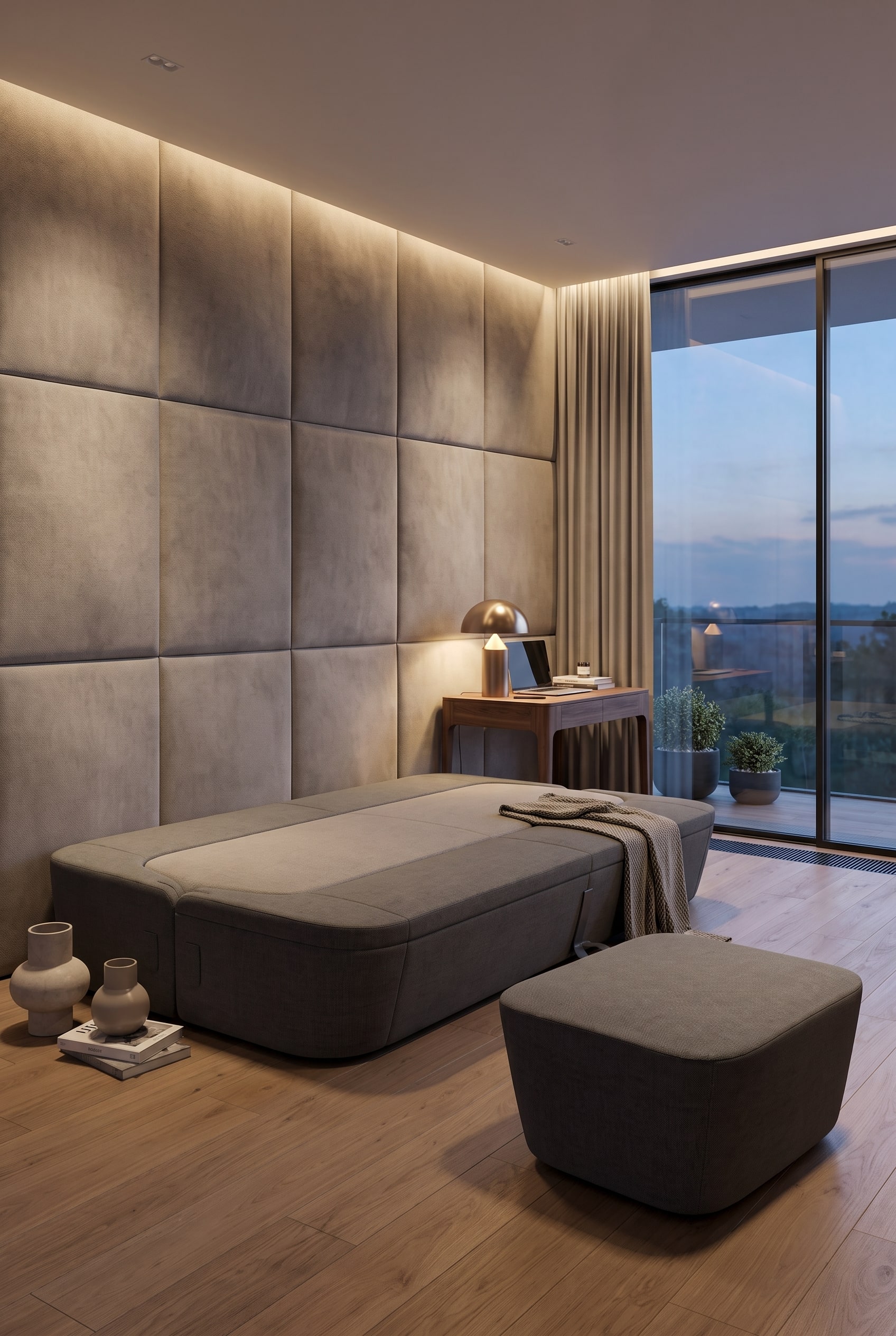 Une chambre d'amis aménagée de manière moderne avec un canapé-lit élégant, placé devant un revêtement mural confortable en panneaux acoustiques textiles.