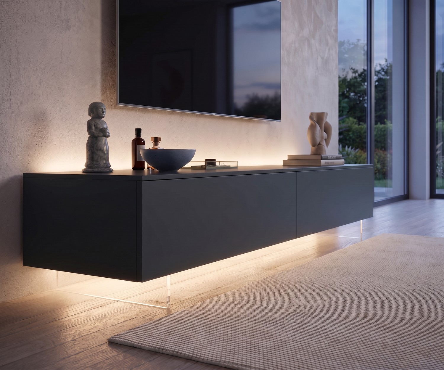 Socle TV transparent Livitalia pour meuble bas Socle TV transparent de Livitalia pour meuble bas suspendu avec éclairage LED sur parquet dans le salon.