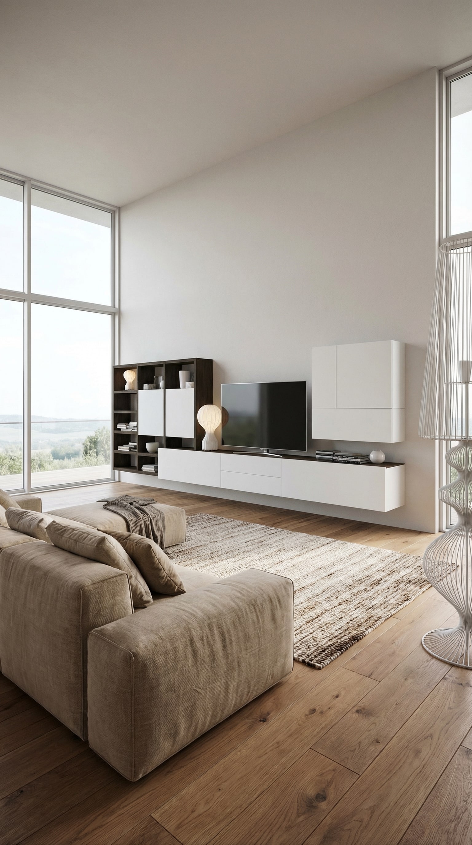 Kontrastreiche Livitalia Wohnwand C96B mit weißen Lackfronten und dunklen Holzregalen in einem hellen Raum Kontrastreiche Livitalia Wohnwand C96B mit weißen Lackfronten und dunklen Holzregalen in einem hellen Raum