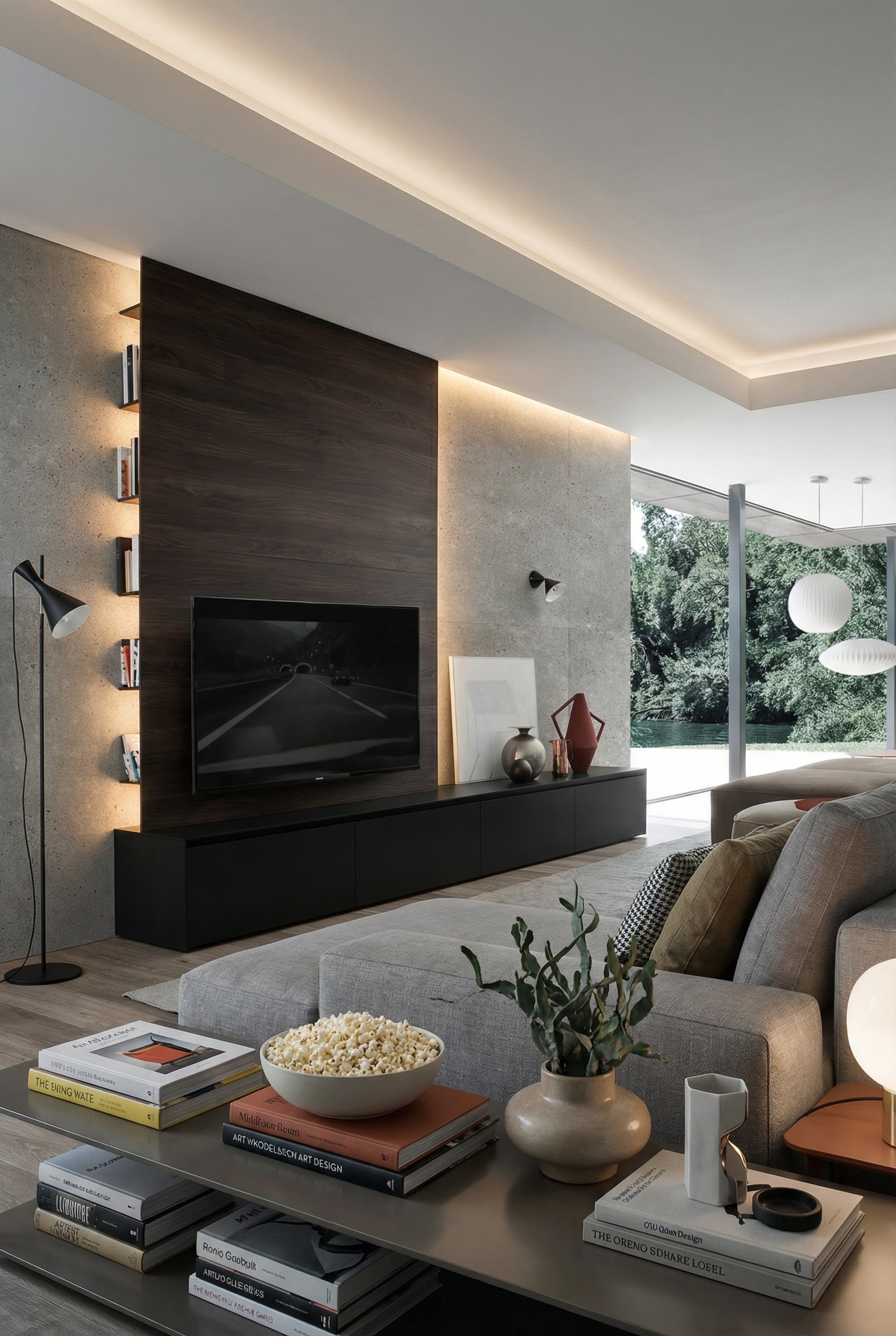Zwevend Novamobili Reverse TV wandpaneel met verborgen zijdelingse schappen in een minimalistische woonkamer.