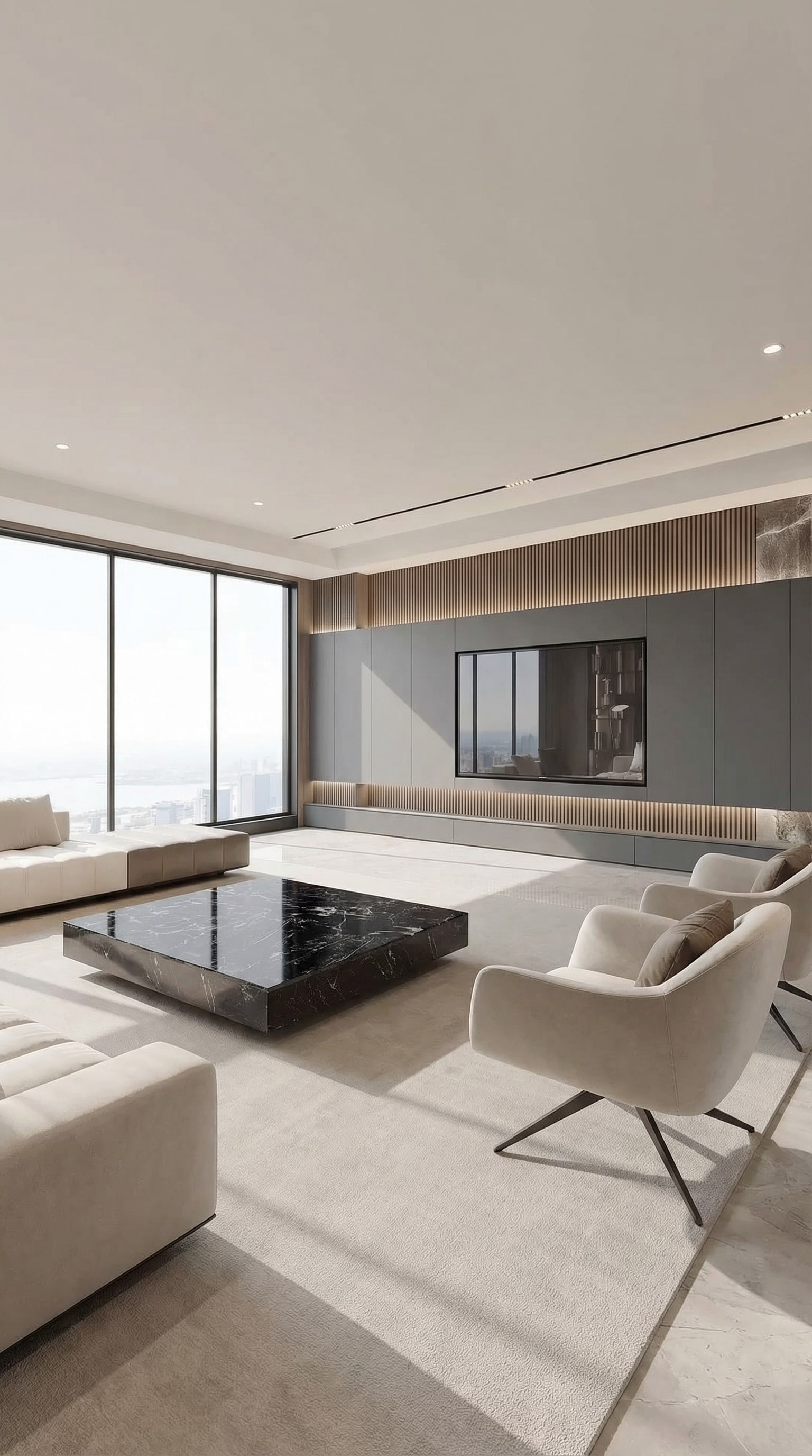 Matte, grifflose Livitalia Wohnwand C104 in einem puristischen Wohnzimmer mit unsichtbarer Technik Matte, grifflose Livitalia Wohnwand C104 in einem puristischen Wohnzimmer mit unsichtbarer Technik