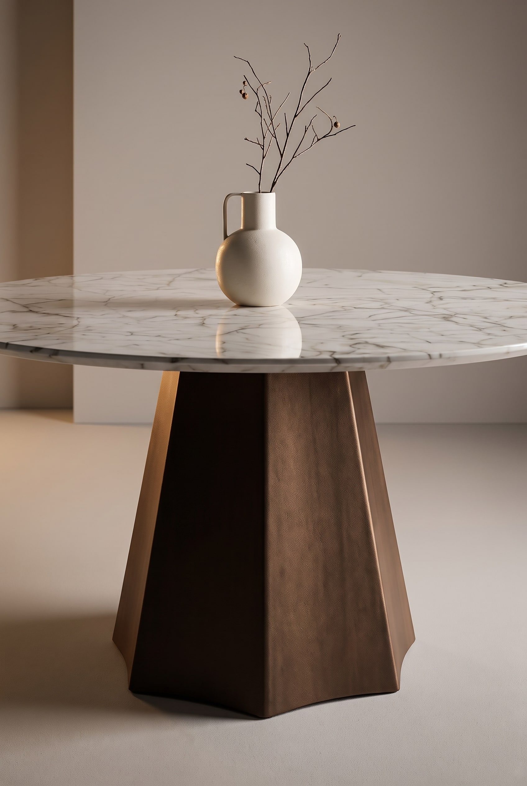 Vue détaillée du pied central polyédrique distinctif de la table à manger en céramique Livitalia Poliedro.