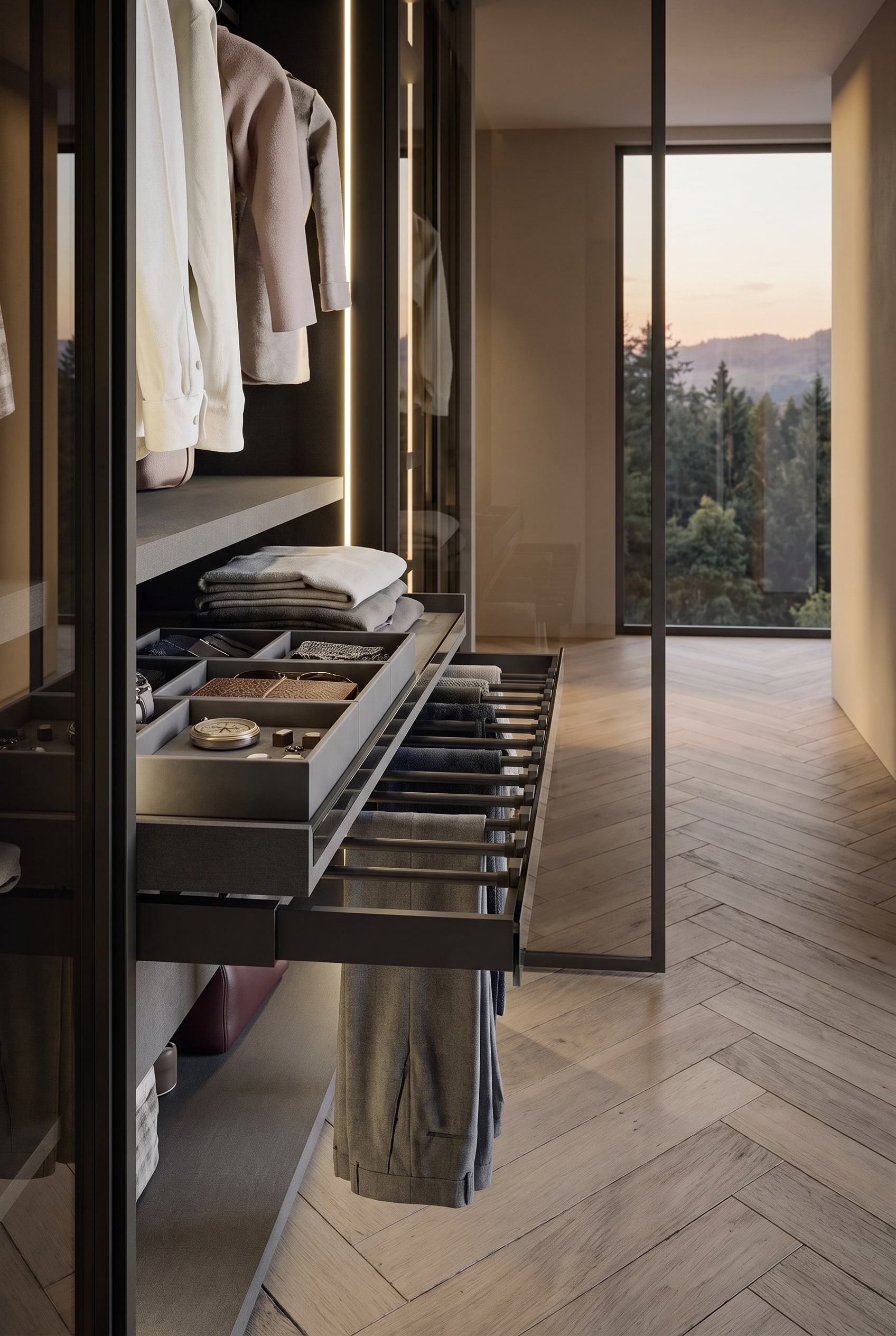 Tiroir &agrave; accessoires ouvert avec compartiments pour montres et lunettes, ainsi qu'un porte-pantalons coulissant dans l'armoire Novamobili Perry.