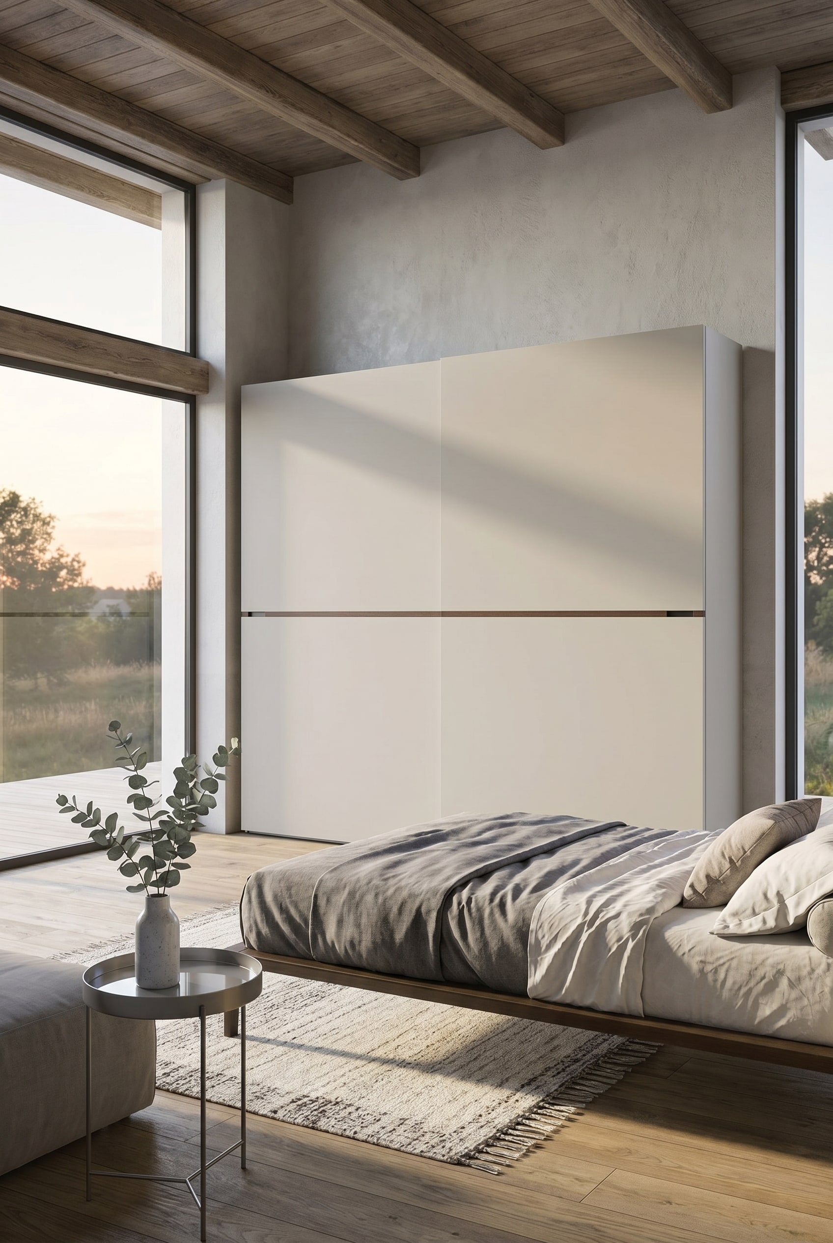 Chambre Feng Shui minimaliste avec une large armoire à portes coulissantes dans des tons mats Chambre Feng Shui minimaliste avec une large armoire à portes coulissantes dans des tons mats