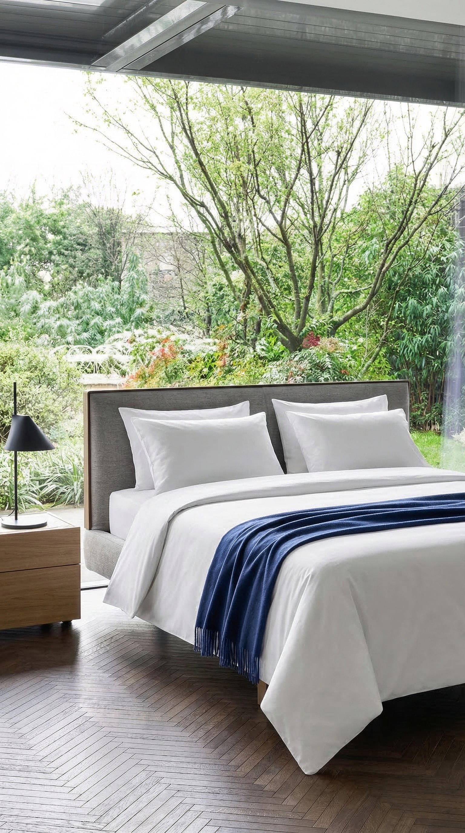 luxueus-strak-opgemaakt-wit-hotelbed-in-moderne-slaapkamer luxueus-strak-opgemaakt-wit-hotelbed-in-moderne-slaapkamer