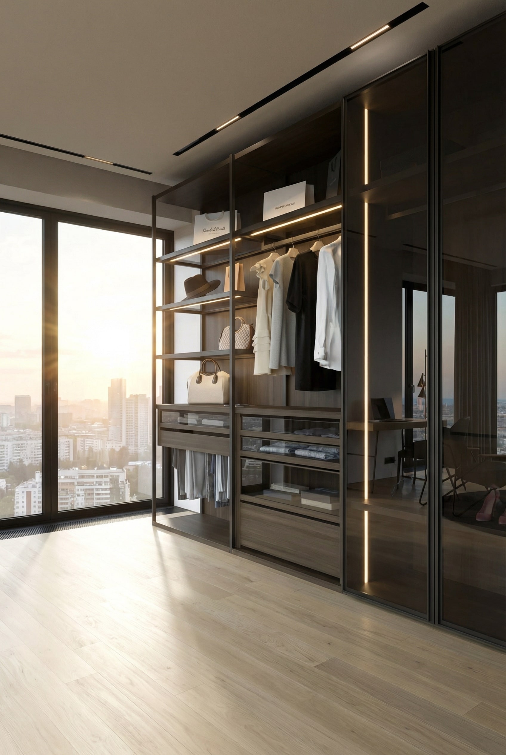 Elegante kleedkamer met rookgrijze glazen deuren in boetiekstijl
