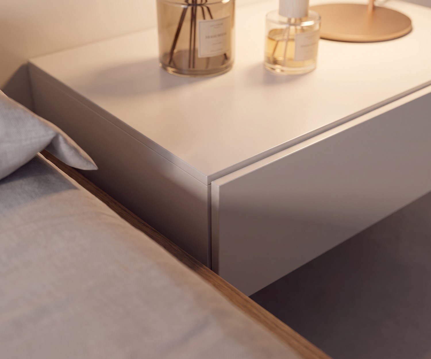 Table de chevet moderne Novamobili Easy sans poignée Table de chevet design Easy par Novamobili pour la chambre, table de nuit moderne sans poignée laquée gris clair.