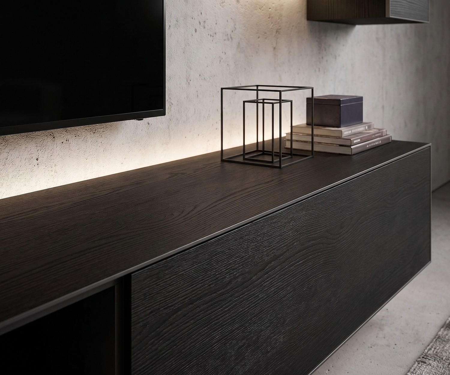 Livitalia Minimal lowboard tv-meubel van donker eiken met sfeervolle LED-verlichting in een moderne woonkamer.