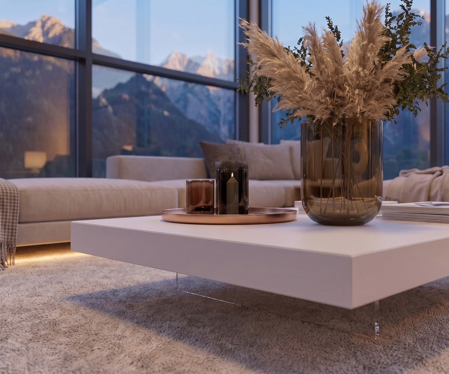 Table basse Livitalia Low blanche Table basse blanche Livitalia Low à pieds transparents dans un salon moderne avec vue sur les montagnes.