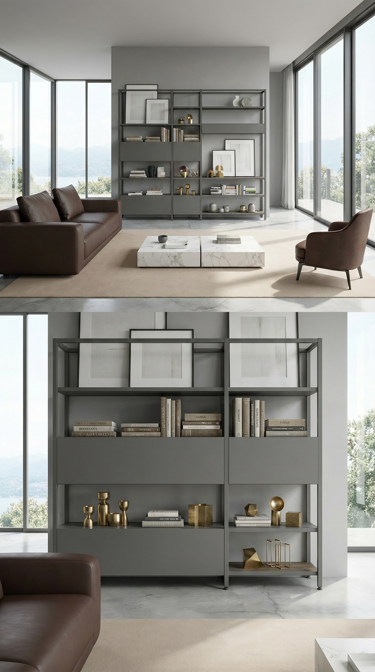 Elegant metaal-houten rek met diepte-gestapelde decoratie