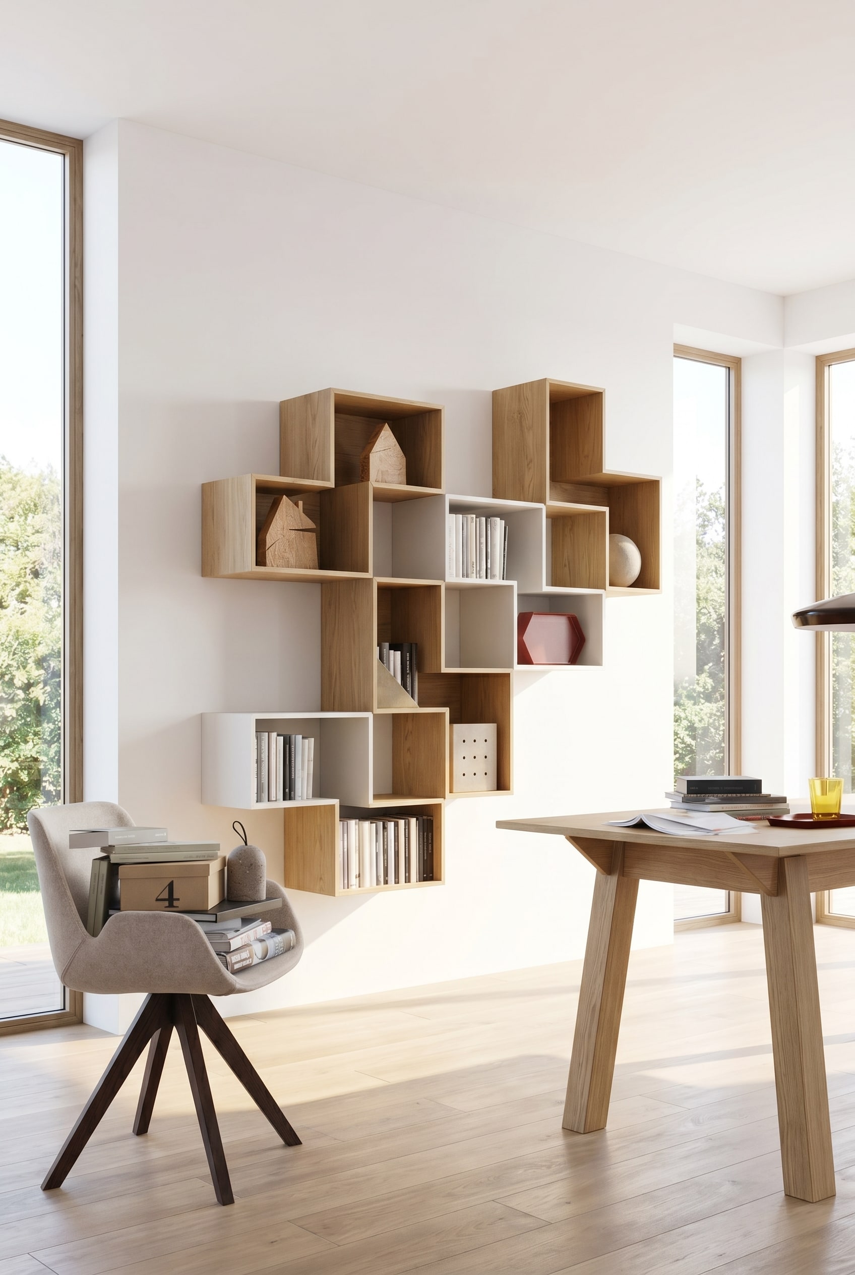 Bureau lumineux avec une &eacute;tag&egrave;re murale ouverte Livitalia Tetris imbriqu&eacute;e, en bois de ch&ecirc;ne et laque mate, sur un mur blanc