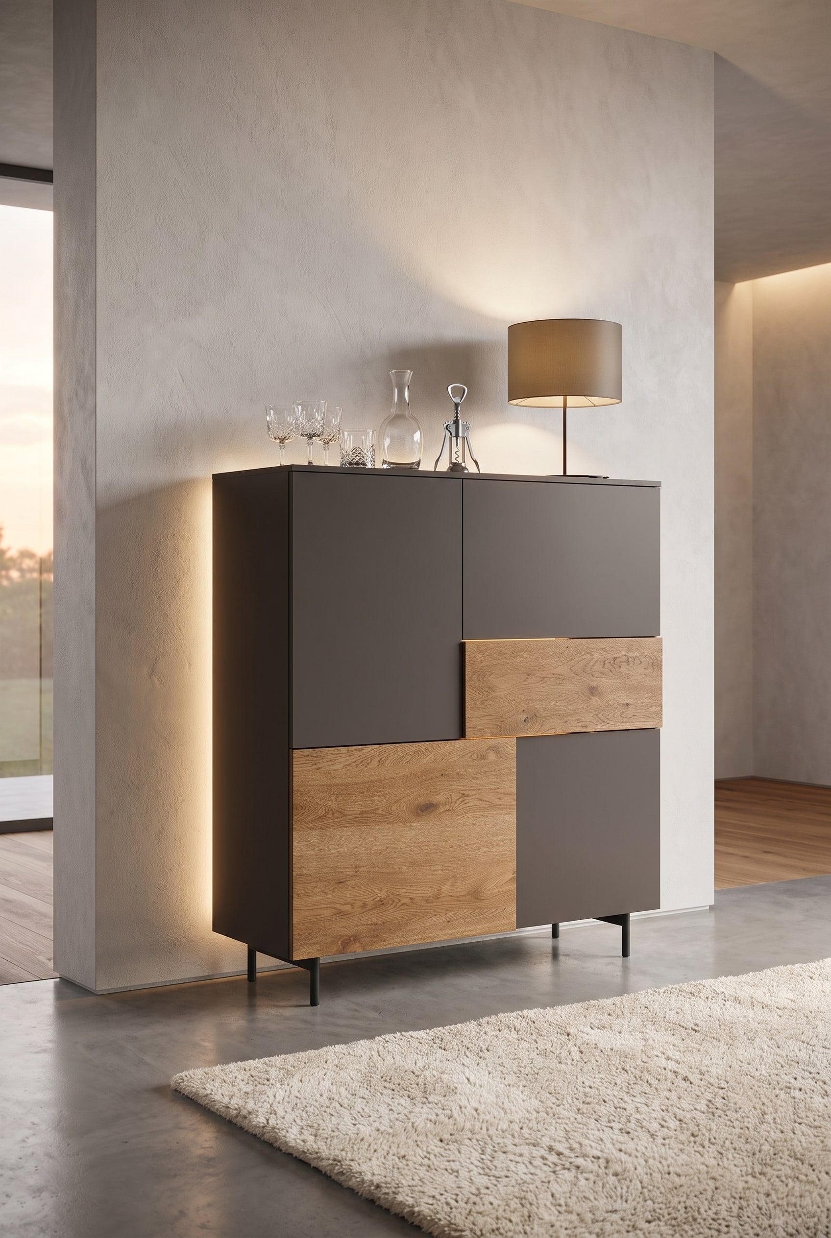 Highboard moderne Livitalia Incontro avec des lignes asym&eacute;triques devant un mur &eacute;l&eacute;gant dans le salon