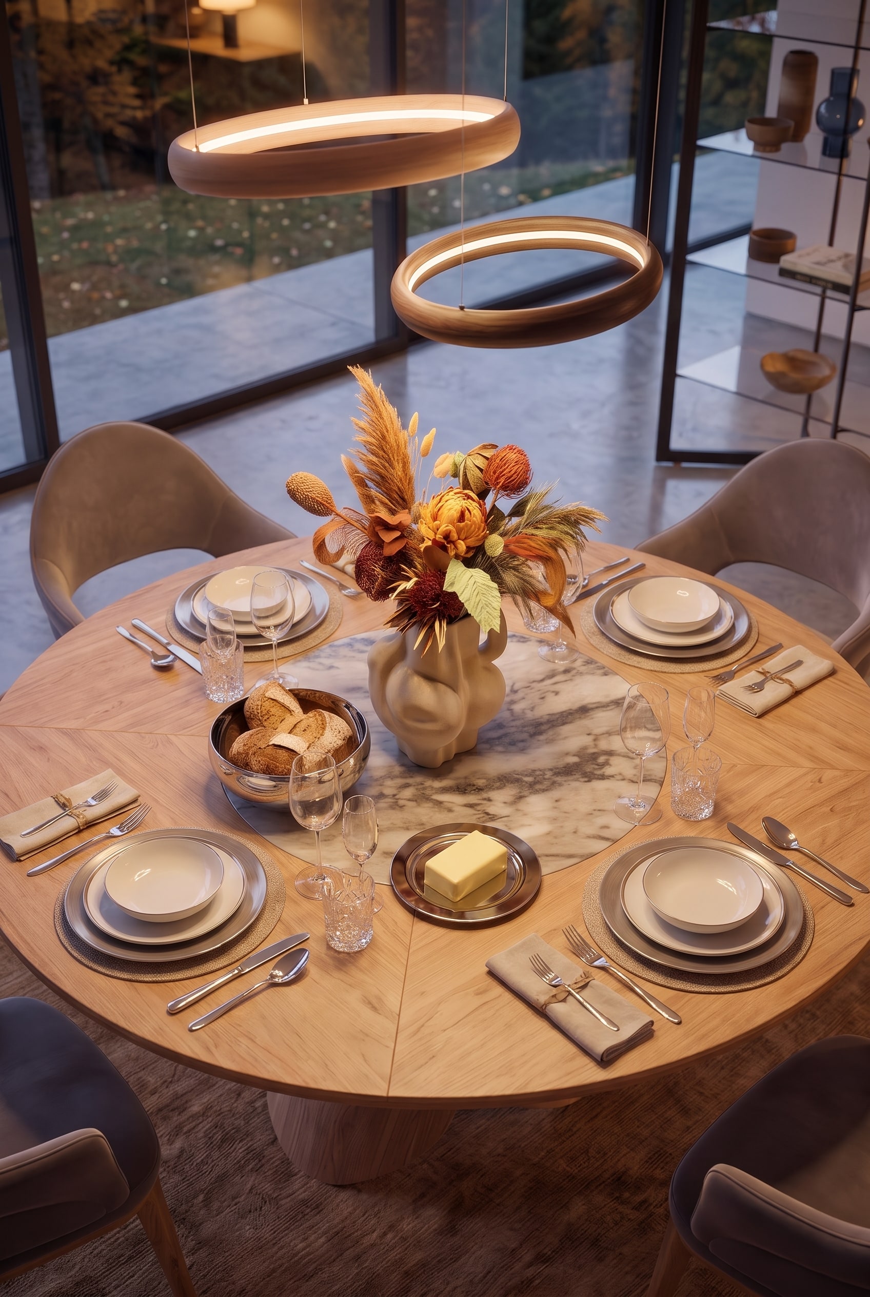 Table &agrave; manger ronde dress&eacute;e, photographi&eacute;e d'en haut, avec assiettes, couverts, corbeille &agrave; pain chrom&eacute;e et un vase de fleurs.
