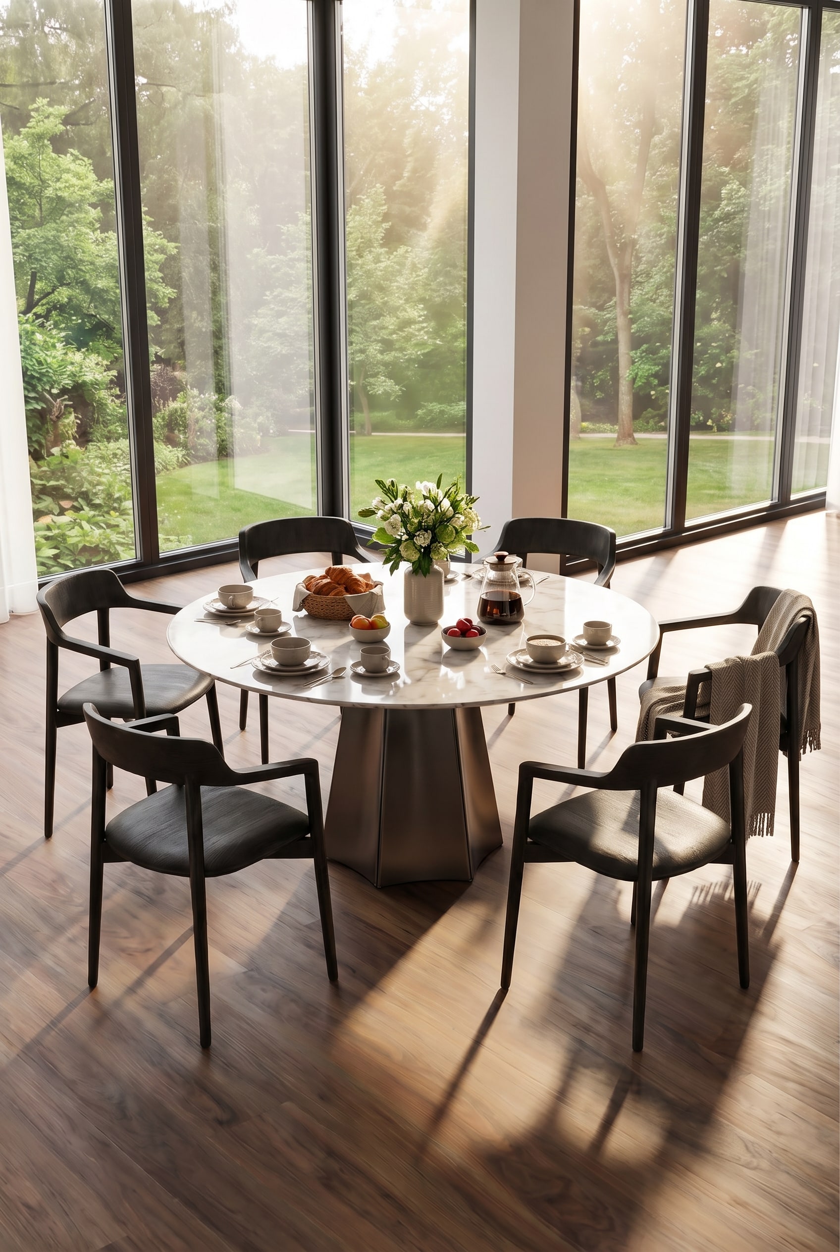 Une table &agrave; manger en c&eacute;ramique Livitalia Poliedro &eacute;l&eacute;gamment dress&eacute;e pour le petit-d&eacute;jeuner familial du dimanche.