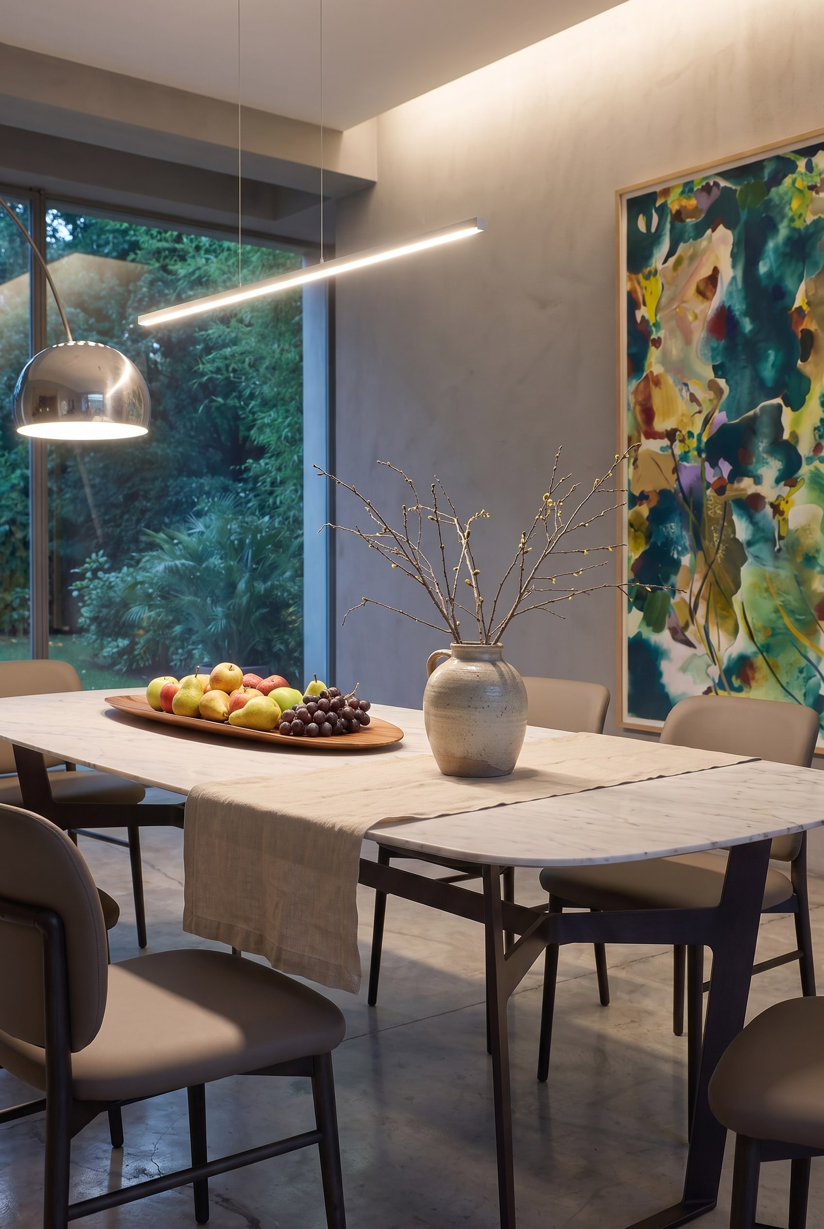 Gros plan d'une table &agrave; manger avec chemin de table en lin beige, coupe en bois remplie de fruits et un vase en c&eacute;ramique ventru avec des branches de printemps.