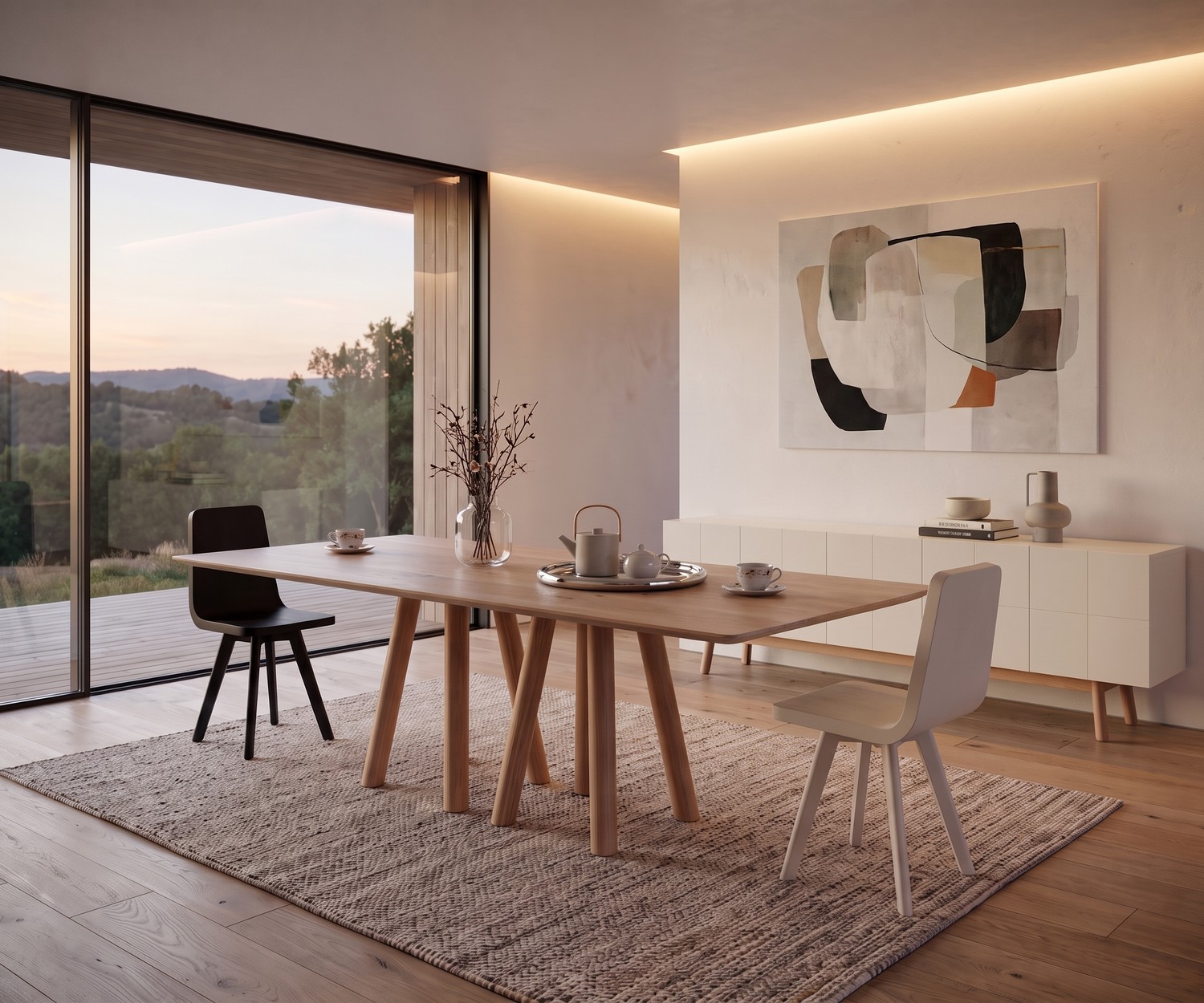Table de repas design al2 mos-i-ko 001 a en bois massif dans une salle à manger moderne au style minimaliste.