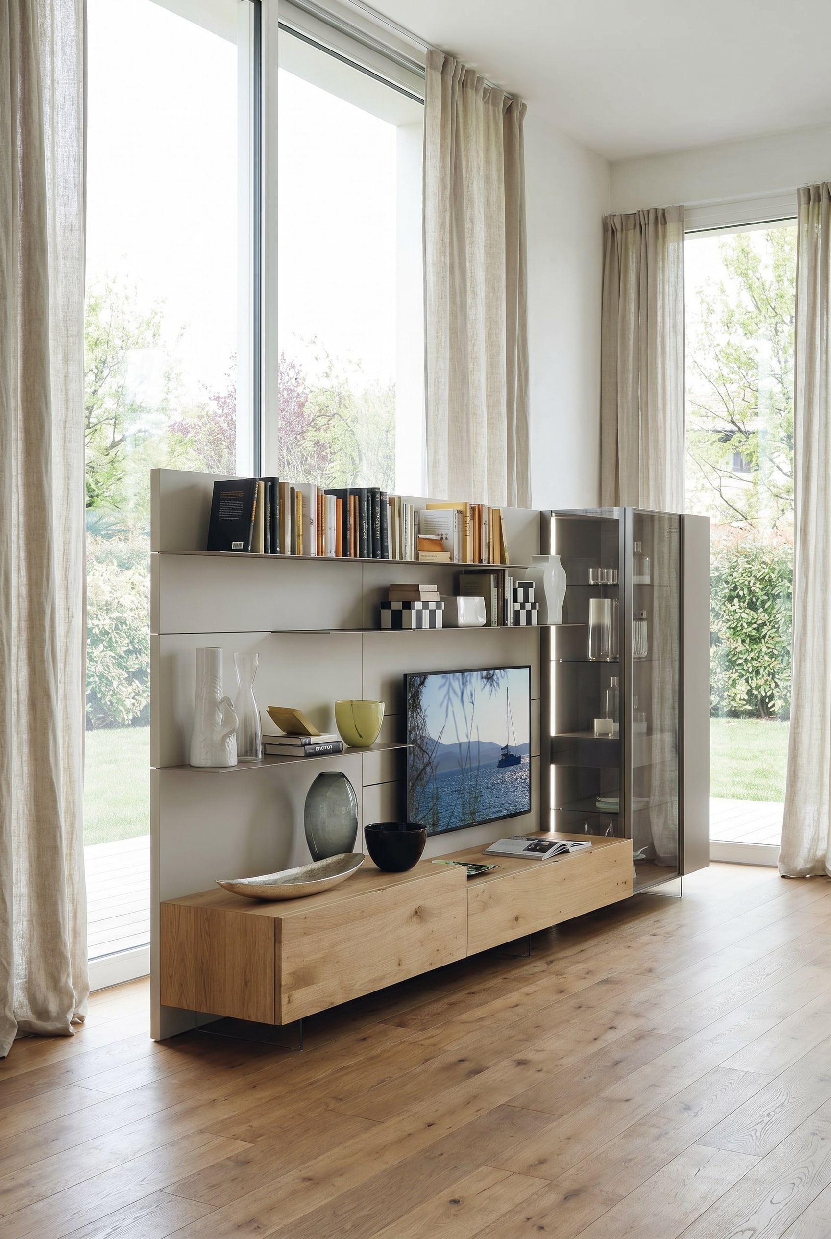 Ensemble mural avec &eacute;l&eacute;ments en bois et vitrine en verre fum&eacute; int&eacute;gr&eacute;e et &eacute;clair&eacute;e