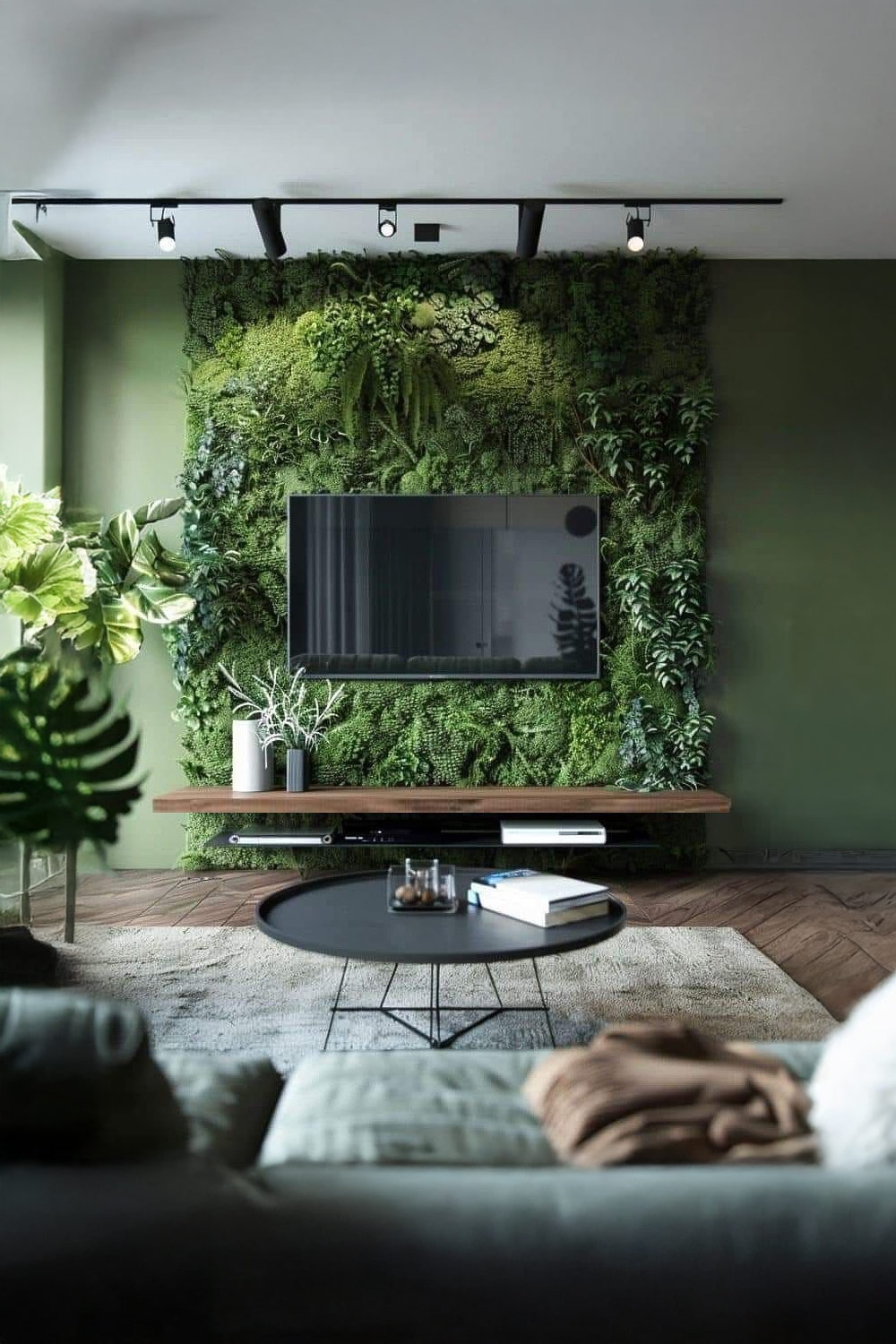 mur de mousse avec TV et étagères murales design suspendues dans un salon moderne