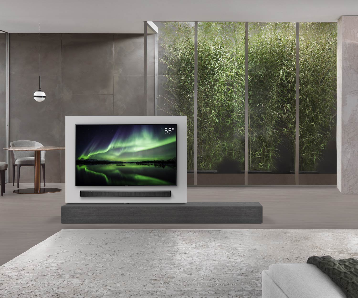 Livitalia Roto design lowboard ruimteverdeler met draaibaar TV-paneel B150 65 H25 D47 EiGr B90re oBox Livitalia Roto design lowboard ruimteverdeler met draaibaar TV-paneel B150 65 H25 D47 EiGr B90re oBox