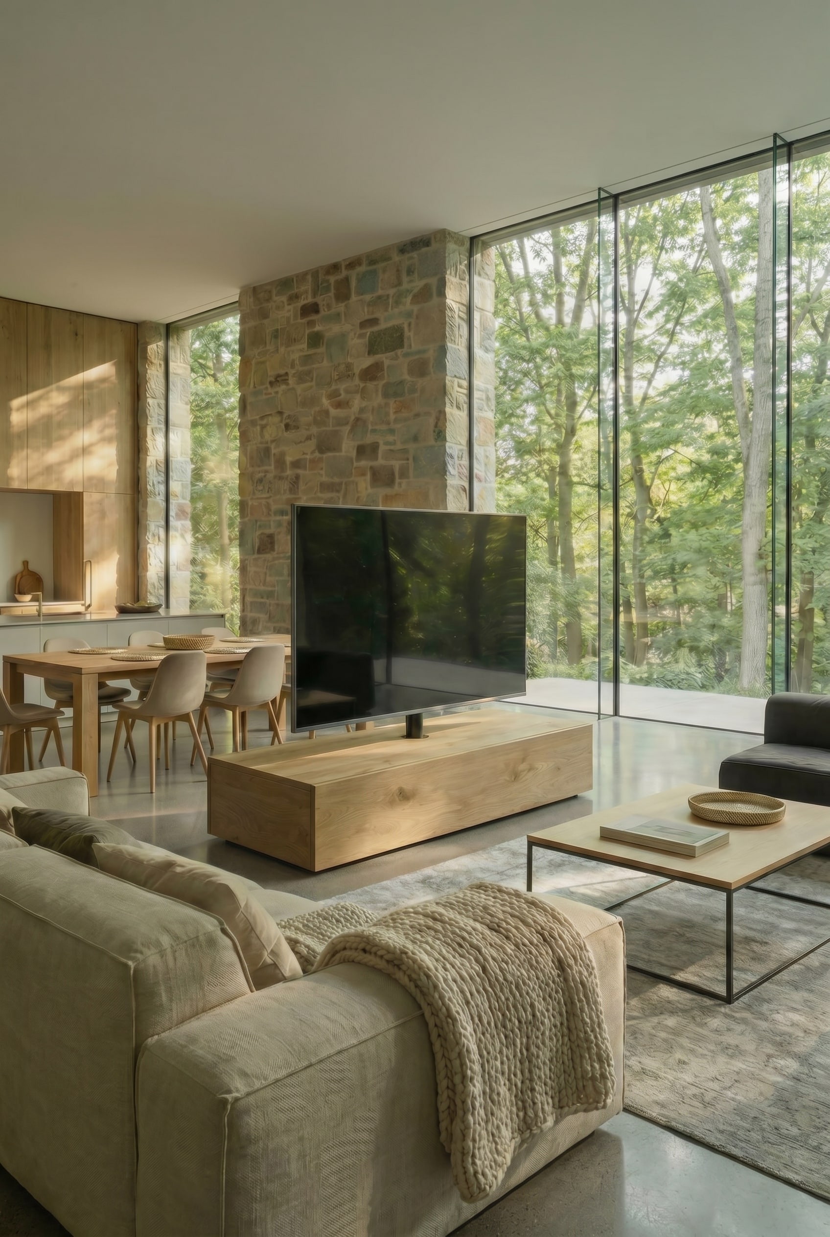 Salon moderne avec séparateur de pièce TV Livitalia Roto Slim noir comme élément autonome avec panneau rotatif