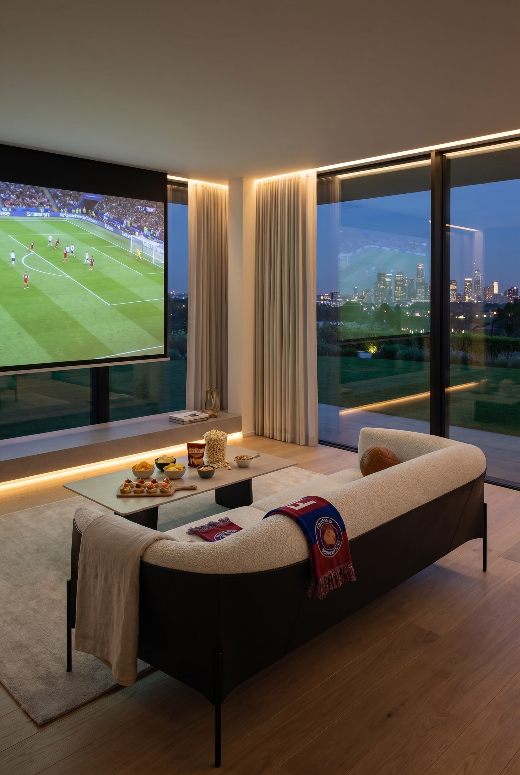 Salon moderne avec un grand canap&eacute; modulaire beige, une table basse &eacute;l&eacute;gante et une grande fen&ecirc;tre panoramique avec vue sur la ville