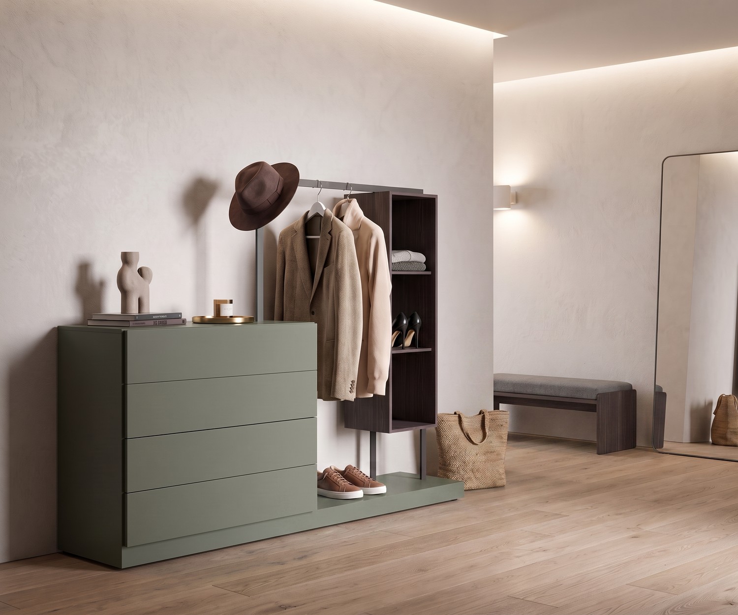 Novamobili Easy 4 commode met garderoberek Hal commode met garderobe Easy 4, saliegroen design kledingrek met lades en legplanken in een minimalistische stijl