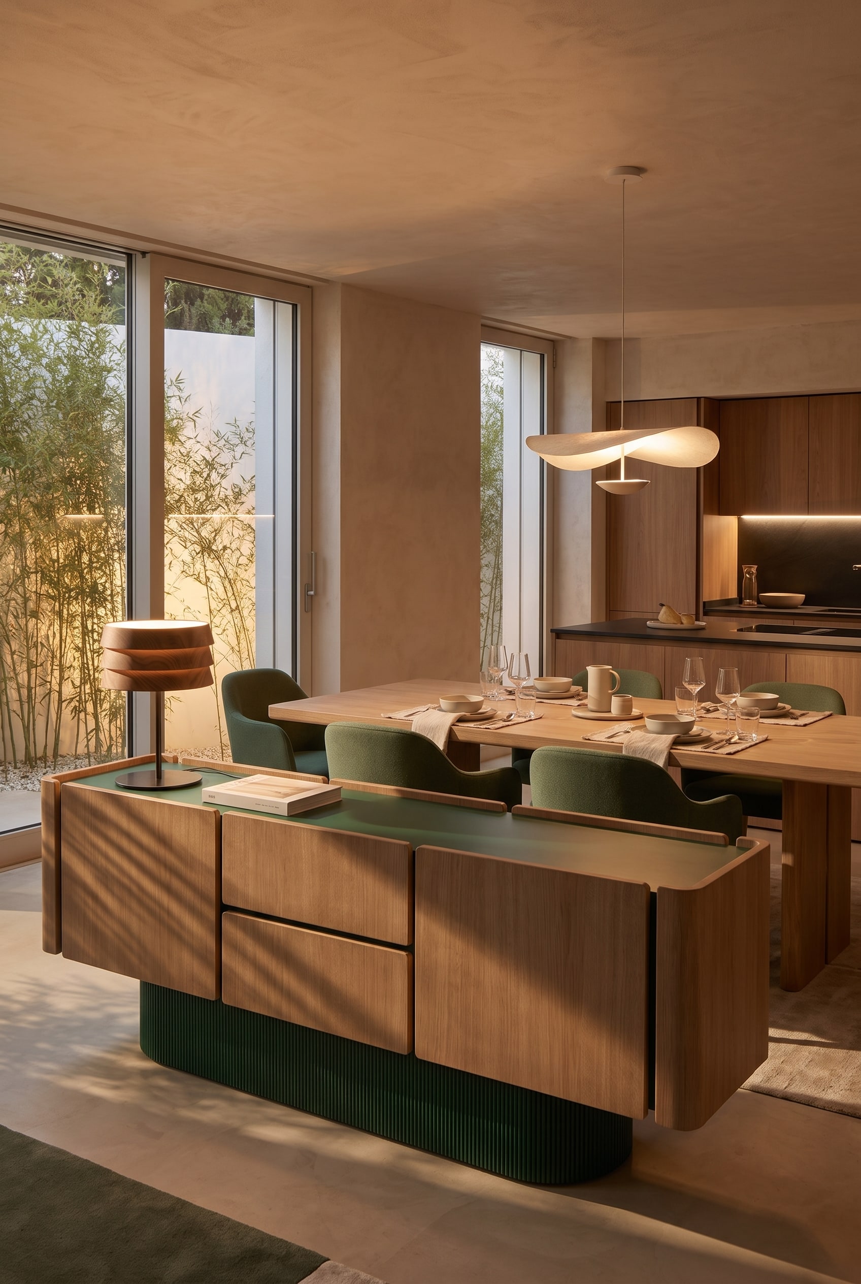 Sideboard moderne avec façades en chêne lisses et une base vert foncé distinctement cannelée devant une fenêtre