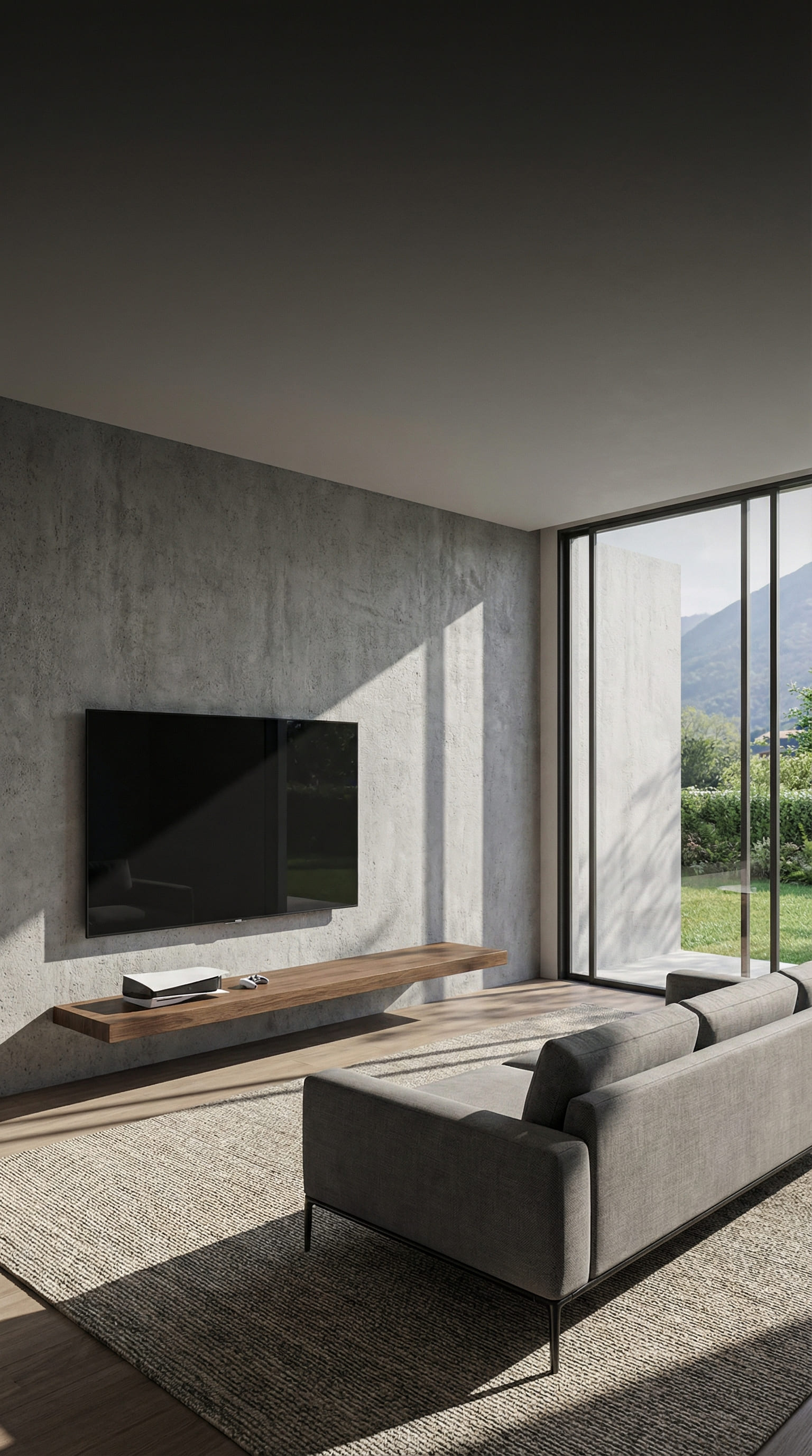 Minimalistisch wandboard van donker eiken zwevend onder tv
