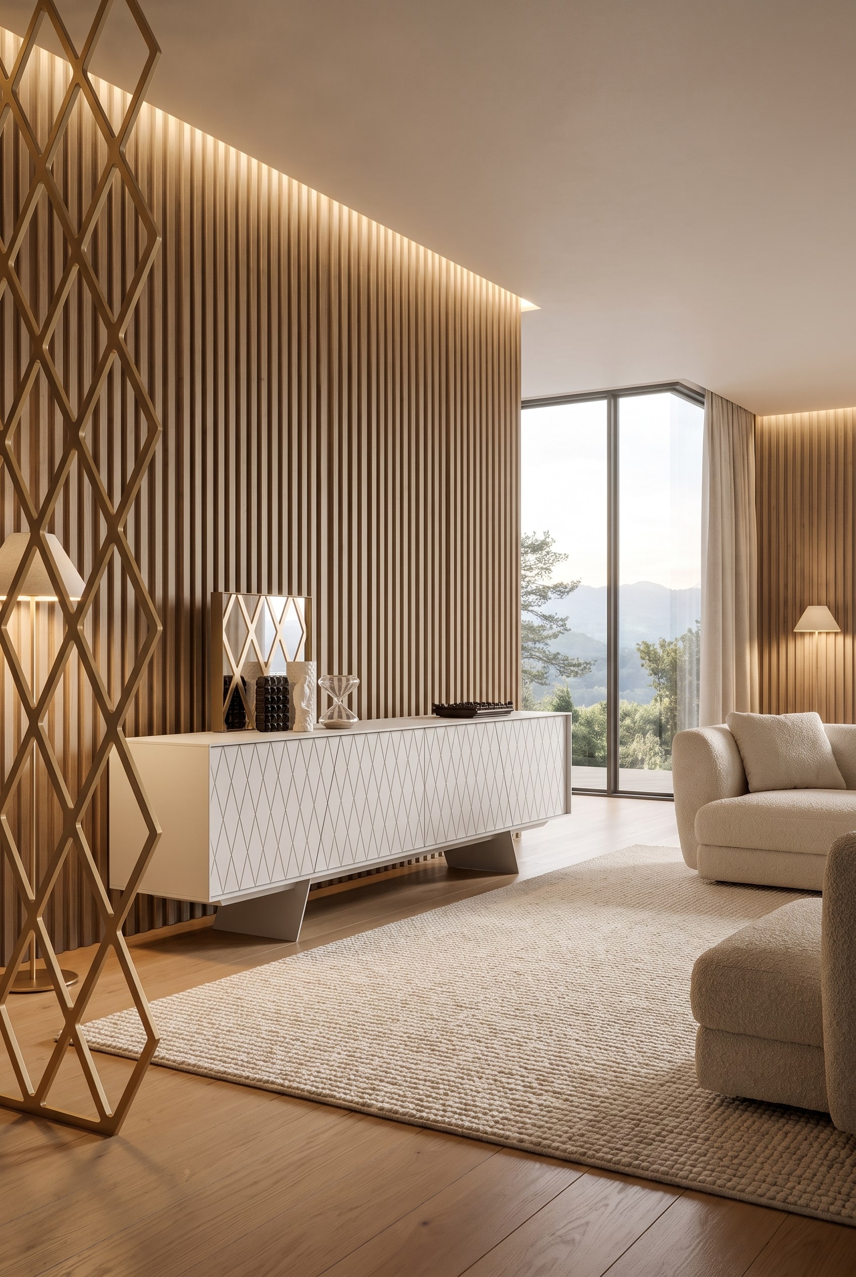 Grand salon au design ton sur ton avec un buffet massif al2 e-klipse 003, dont les façades sculptées en relief créent des jeux d'ombre et de lumière saisissants.