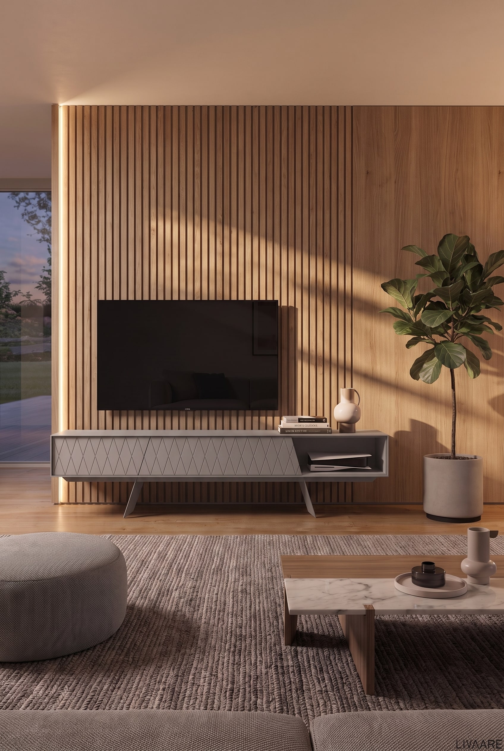 Salon avec un mur en bois &eacute;clair&eacute; lat&eacute;ralement, un meuble bas asym&eacute;trique sur pieds m&eacute;talliques et une grande plante verte sur le c&ocirc;t&eacute;