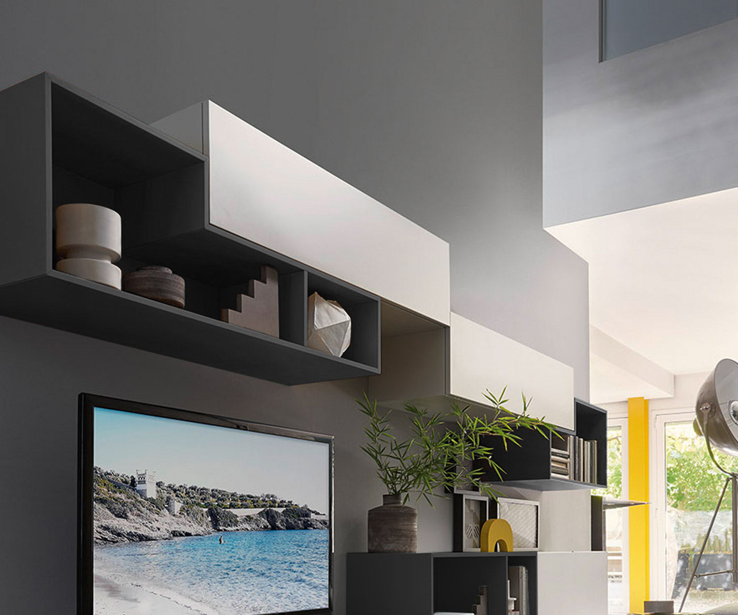 Exclusif Livitalia Tetris Design Meuble-paroi C19 flottant en gris et blanc mat Exclusif Livitalia Tetris Design Meuble-paroi C19 flottant en gris et blanc mat