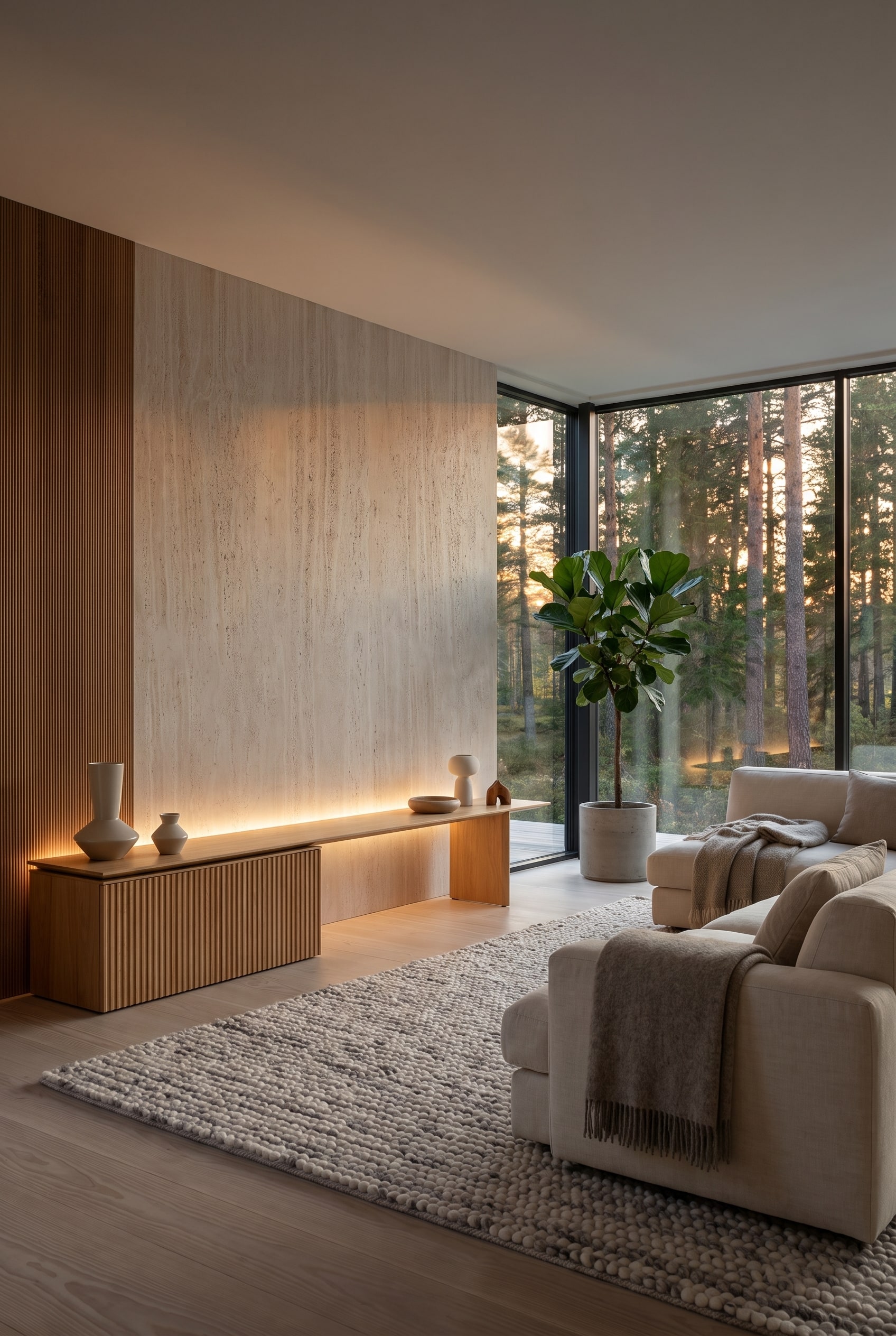 Le buffet minimaliste Punt Velasca en bois clair avec structure &agrave; lattes devant un mur d&eacute;gag&eacute; dans un salon scandinave.