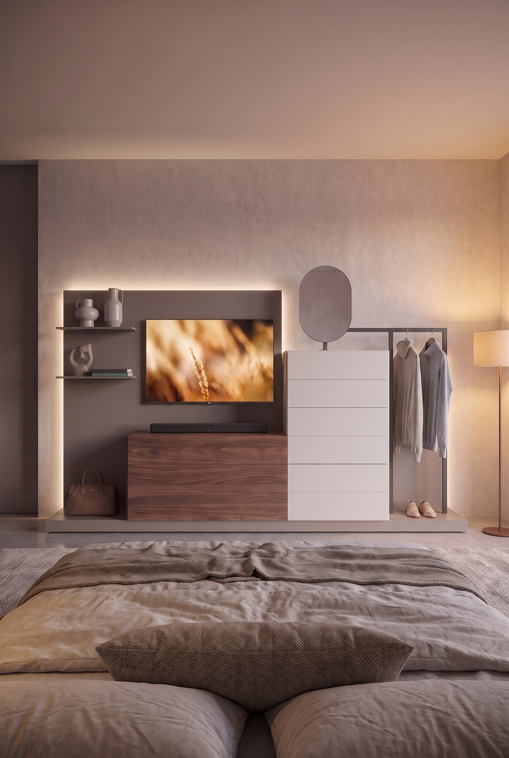 Frontale Sicht vom Bett auf eine moderne TV-Wand mit eingeschaltetem Bildschirm, Holzkommode und Garderobe.