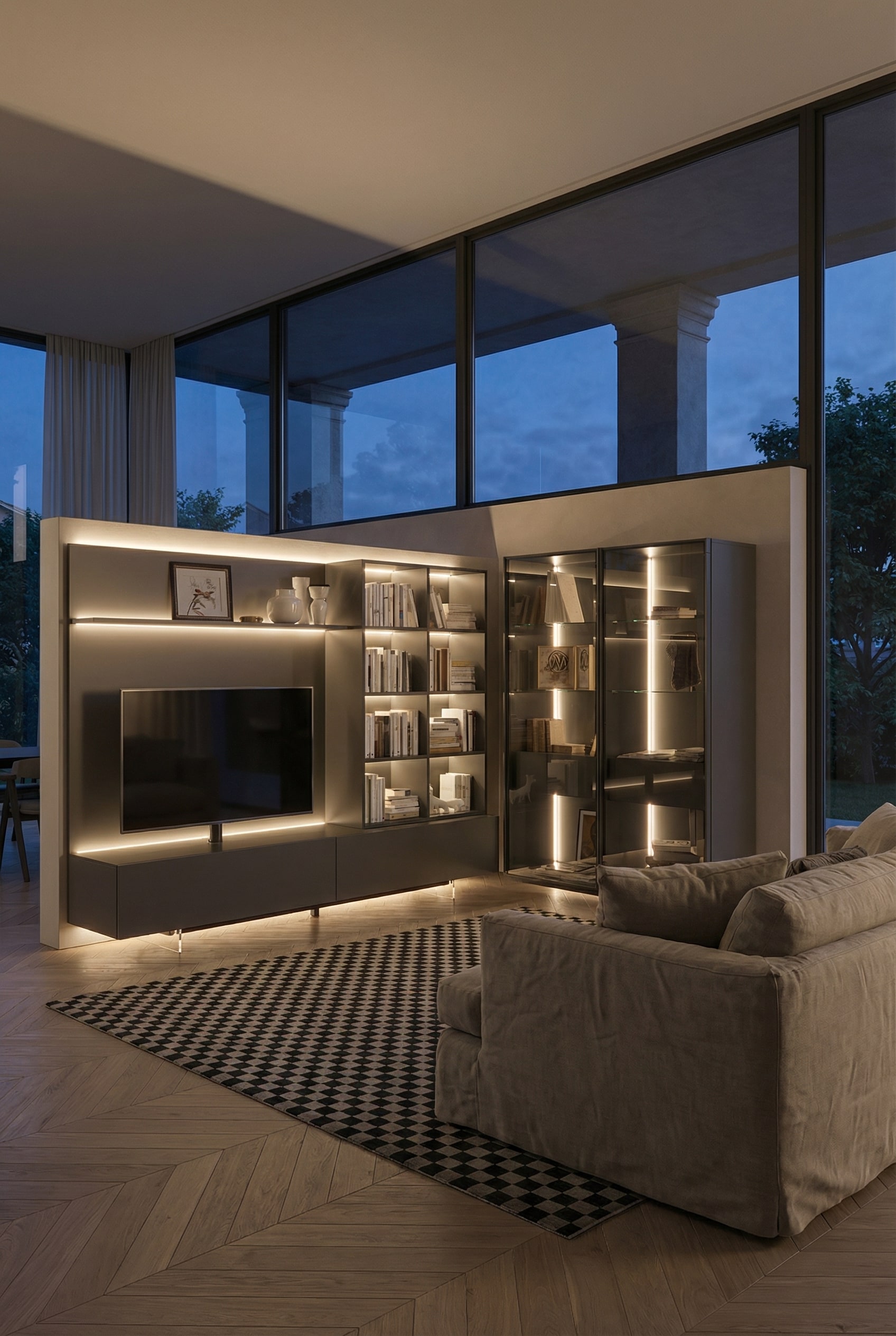 Woonwand met sfeervolle indirecte LED-verlichting Woonwand met sfeervolle indirecte LED-verlichting