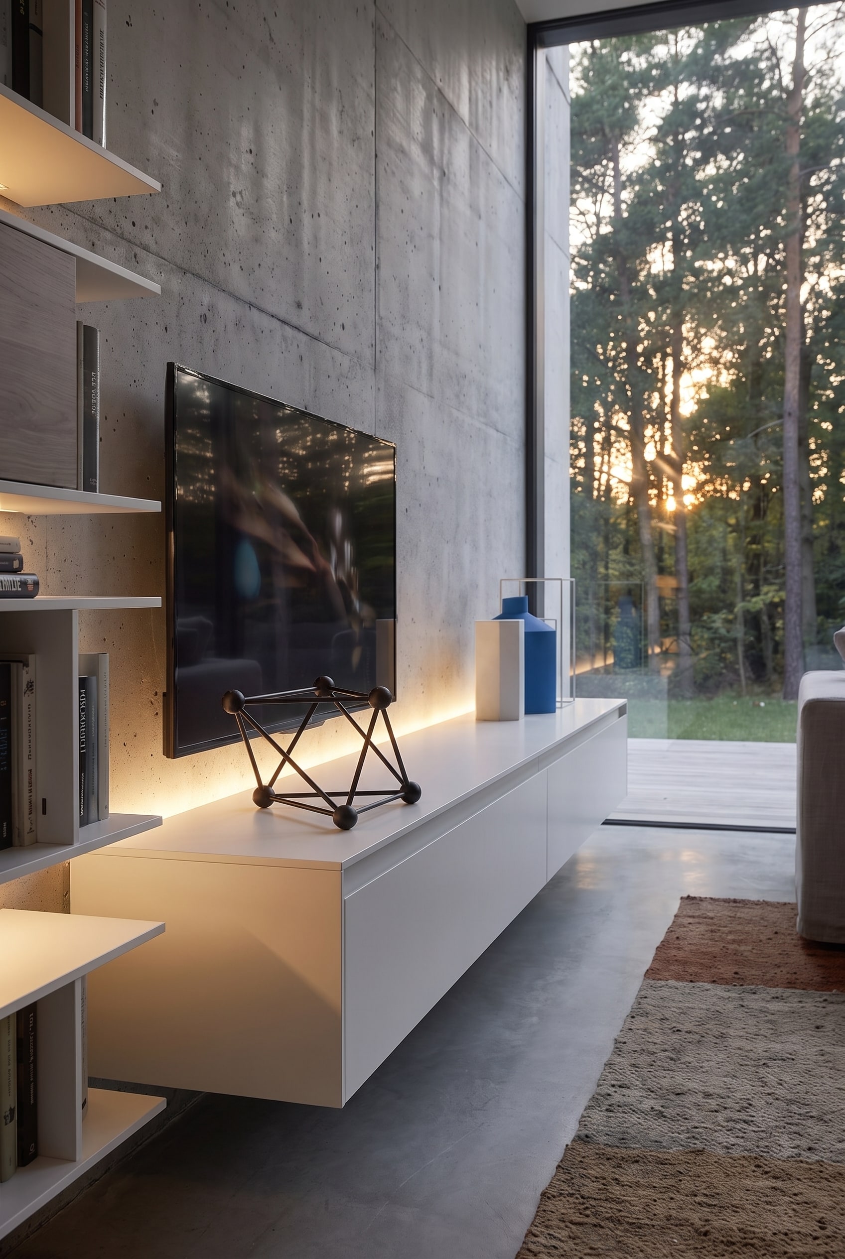 Vue lat&eacute;rale du meuble bas blanc avec un objet d&eacute;coratif g&eacute;om&eacute;trique et un &eacute;clairage LED indirect sur b&eacute;ton apparent.