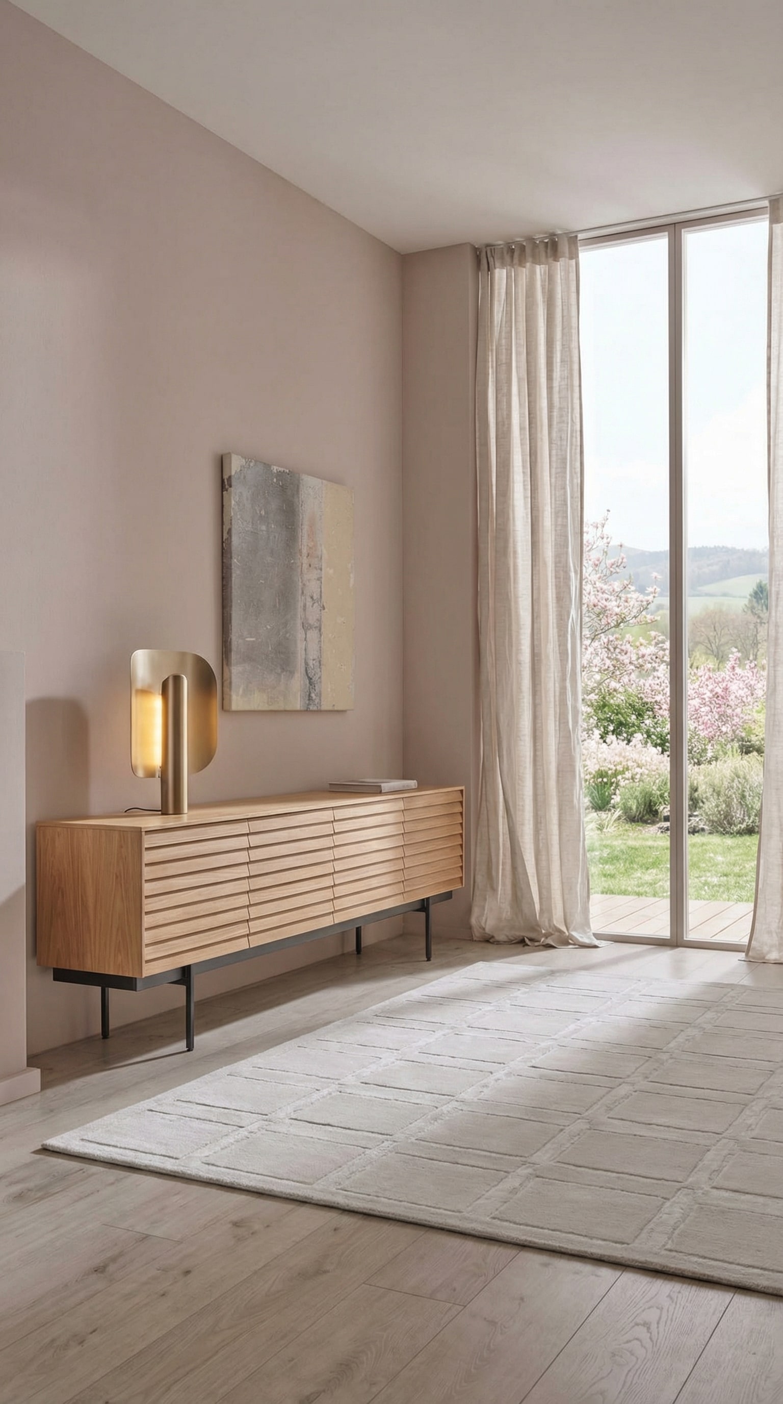 Licht houten dressoir met lamellenfronten voor een poederkleurige muur Licht houten dressoir met lamellenfronten voor een poederkleurige muur