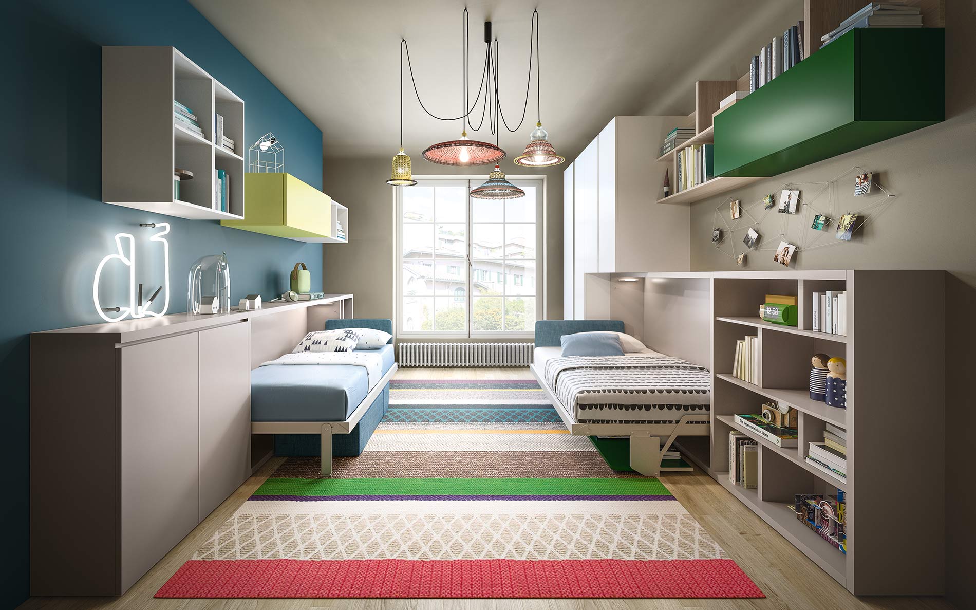 Tweepersoons kinderkamer met opklapbedden