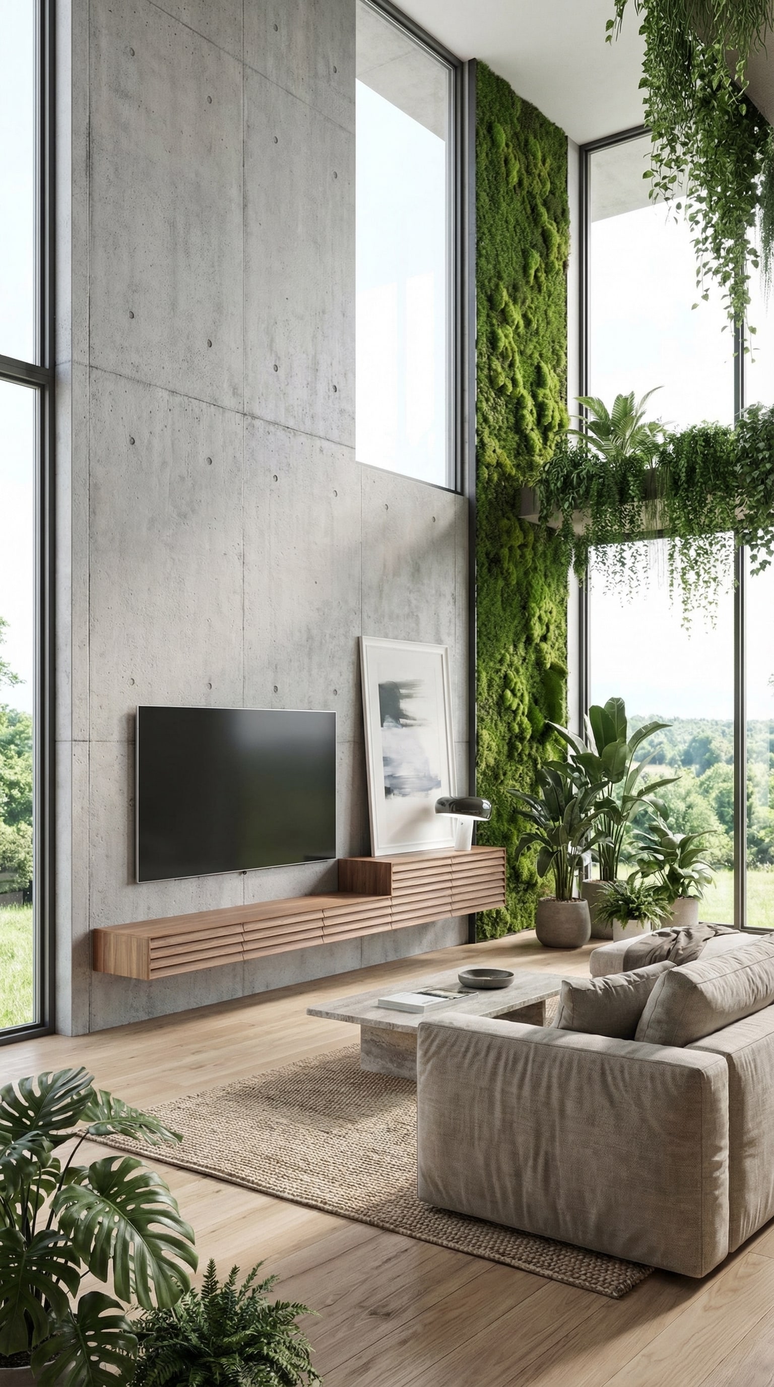 Meuble bas suspendu avec une façade à lamelles élégante sur un mur en béton apparent dans un salon moderne. Meuble bas suspendu avec une façade à lamelles élégante sur un mur en béton apparent dans un salon moderne.