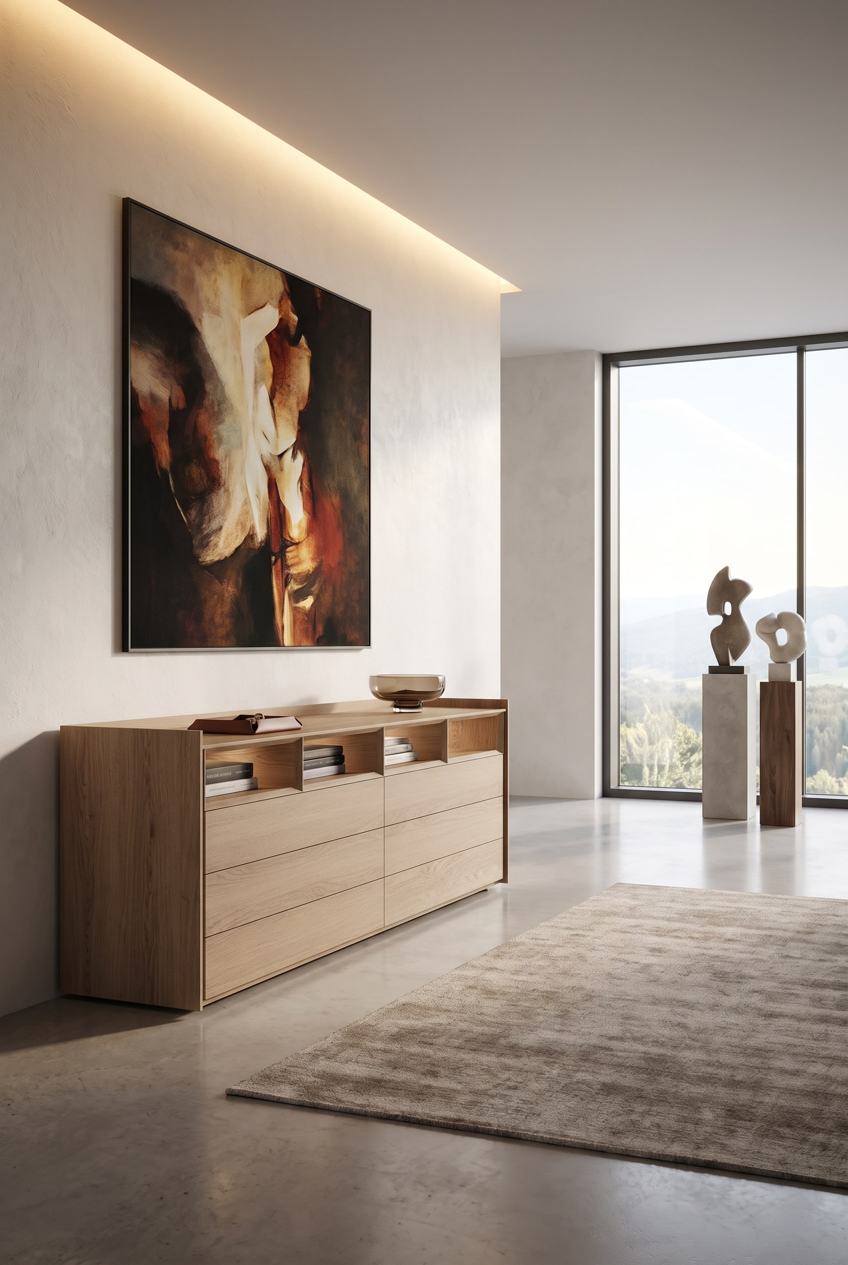Couloir avec une commode sans poign&eacute;e en greige, dessus, un vide-poche en cuir et une coupelle en verre teint&eacute; devant un mur clair