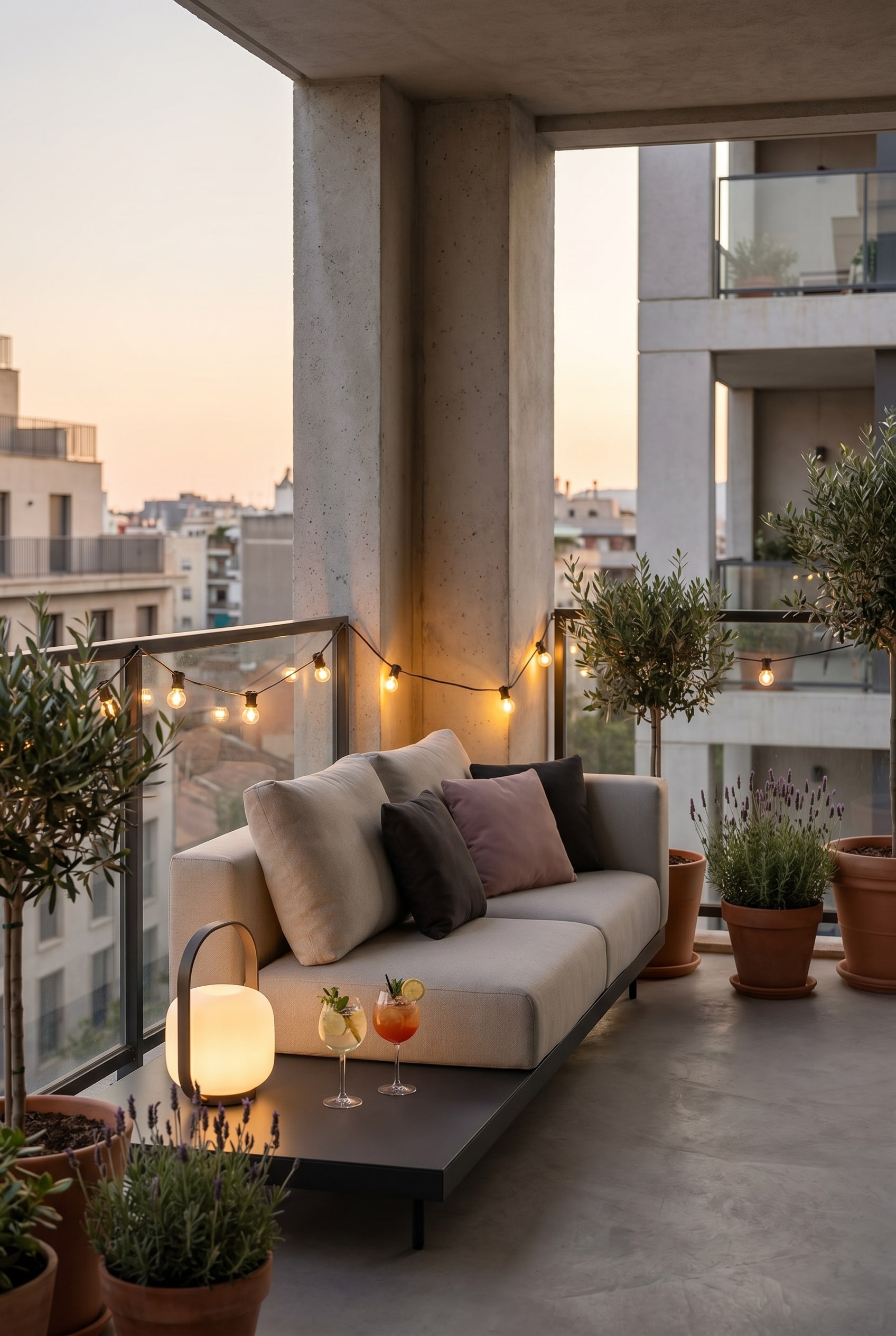 Balcon complexe avec un canapé d'extérieur lumineux et modulaire qui s'adapte à un coin de mur en béton