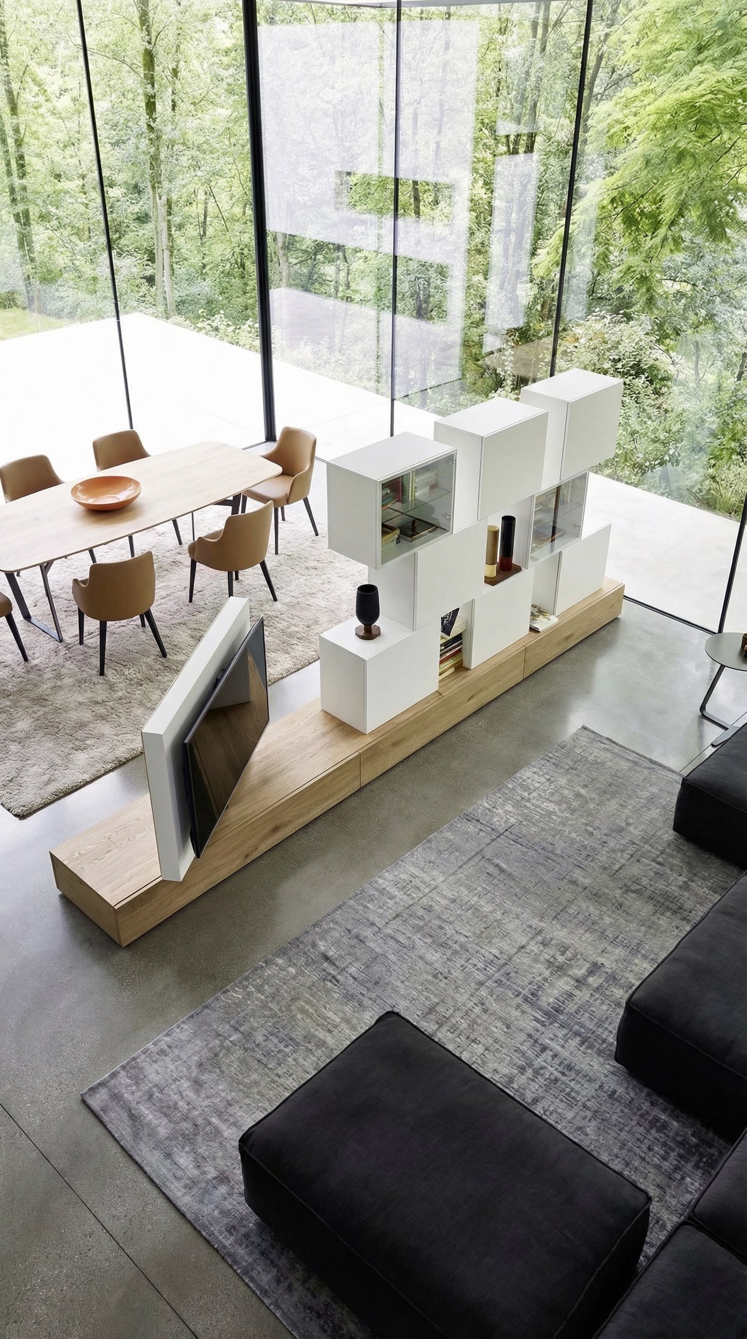 Freistehende Livitalia Wohnwand C46 als funktionaler Raumteiler zwischen Wohn- und Essbereich Freistehende Livitalia Wohnwand C46 als funktionaler Raumteiler zwischen Wohn- und Essbereich